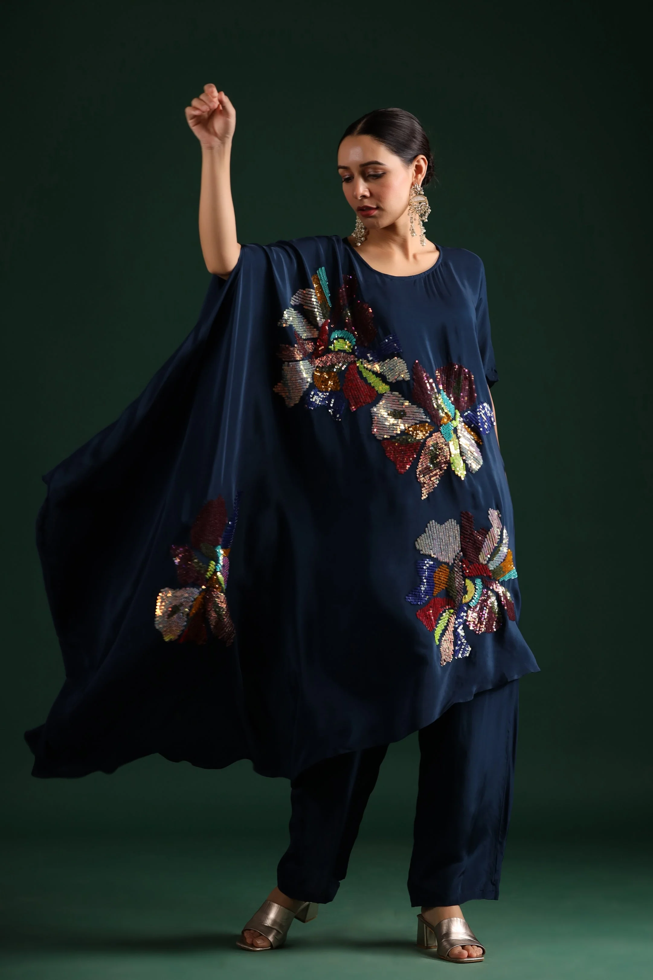 Deep Blue Embellished Asymmetrical Tunic & Pants - Image 3