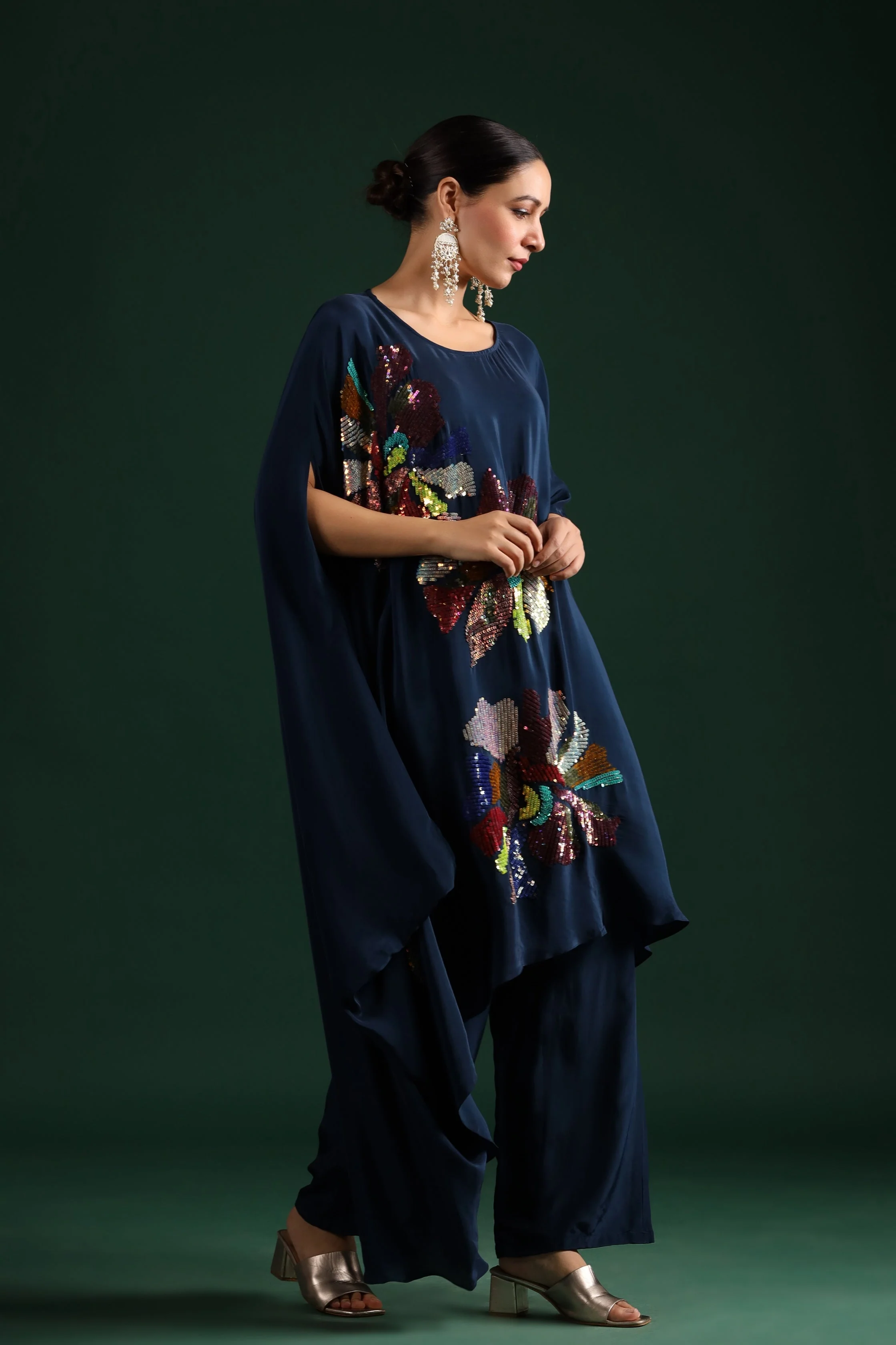 Deep Blue Embellished Asymmetrical Tunic & Pants - Image 4
