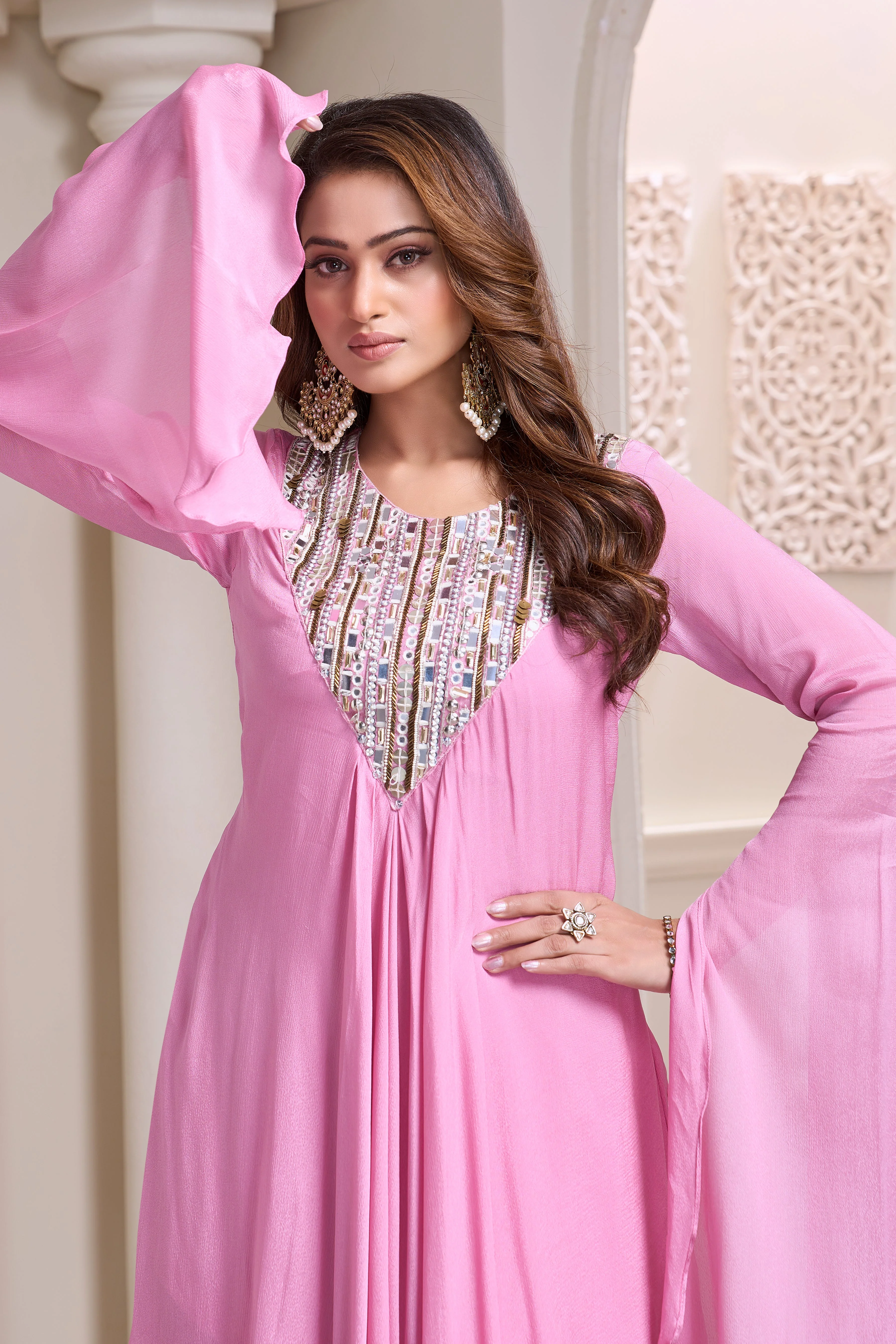 Pastel Pink Embellished Chinon Silk Drape Skirt Set - Image 2