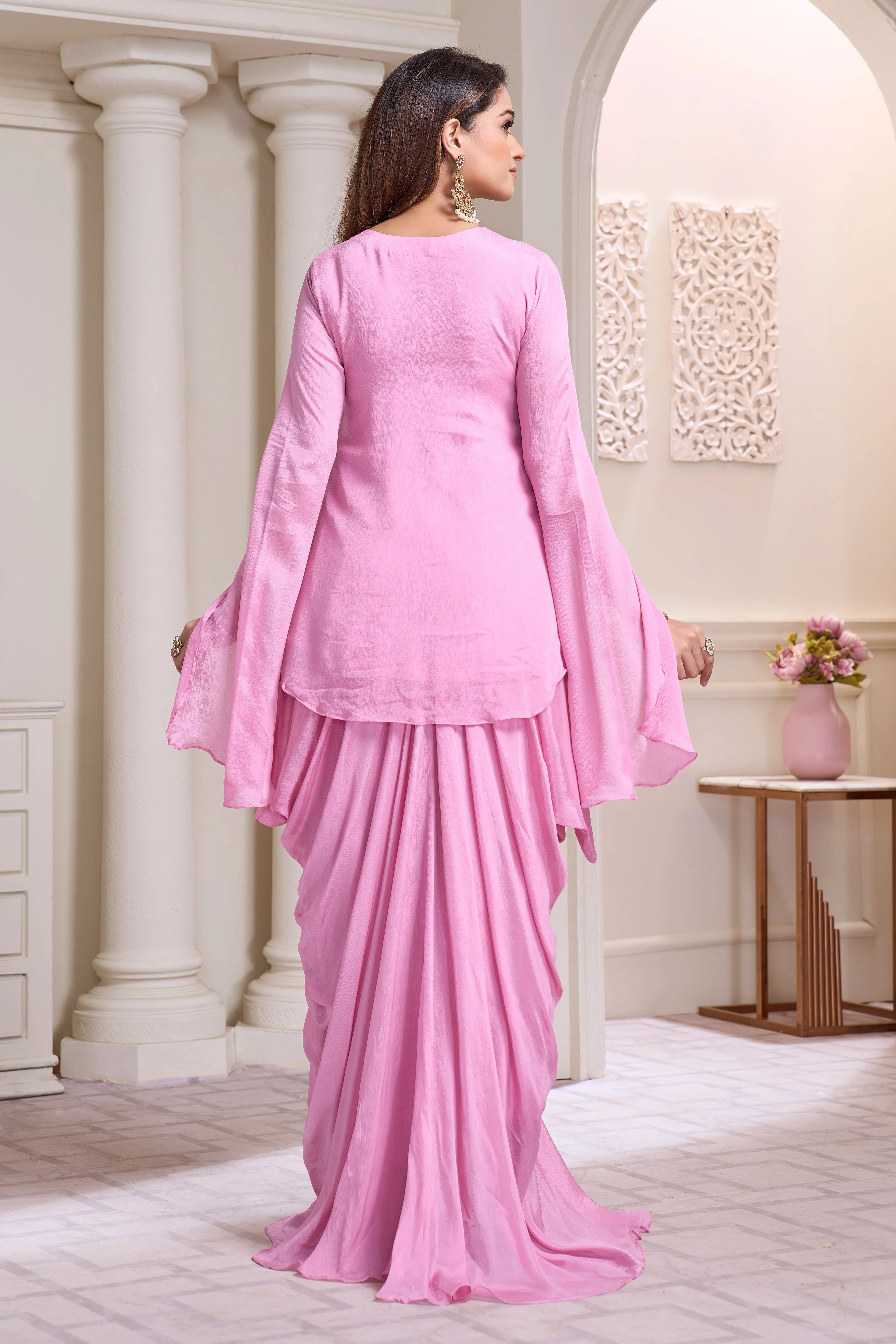 Pastel Pink Embellished Chinon Silk Drape Skirt Set - Image 3