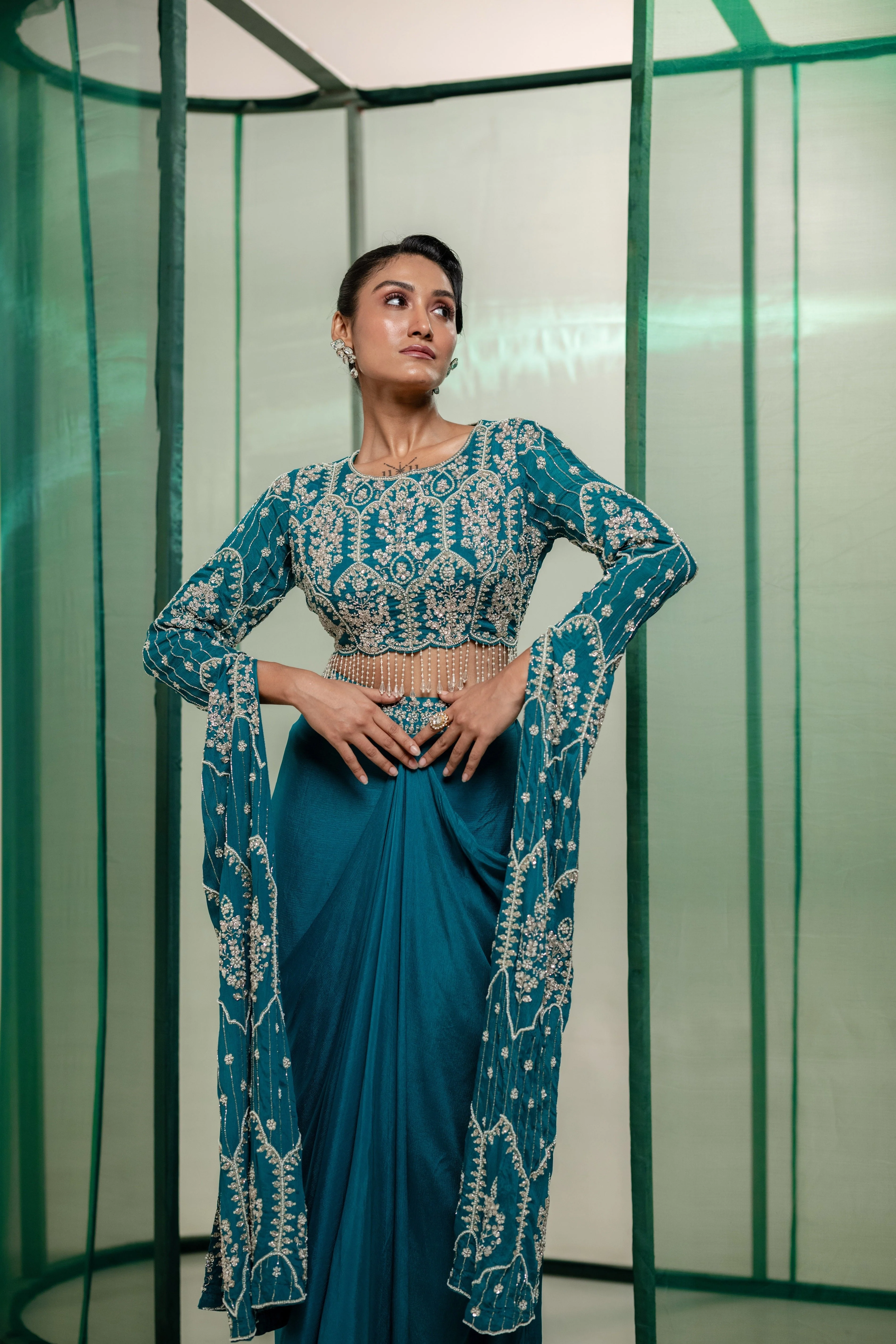 Teal Blue Embellished Chinon Silk Drape Skirt Set - Image 2