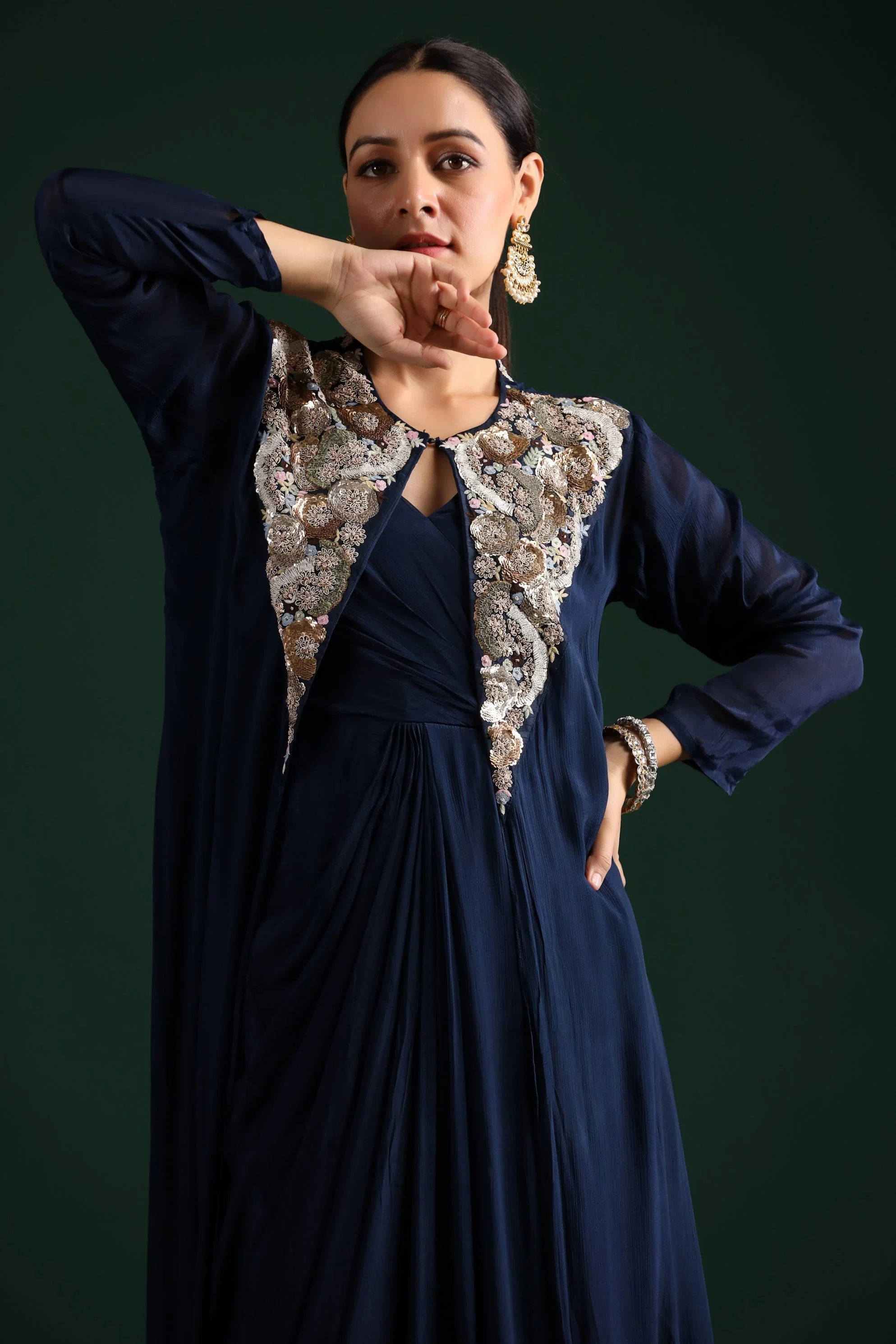 Deep Blue Embellished Draped Cape Dress - Image 2