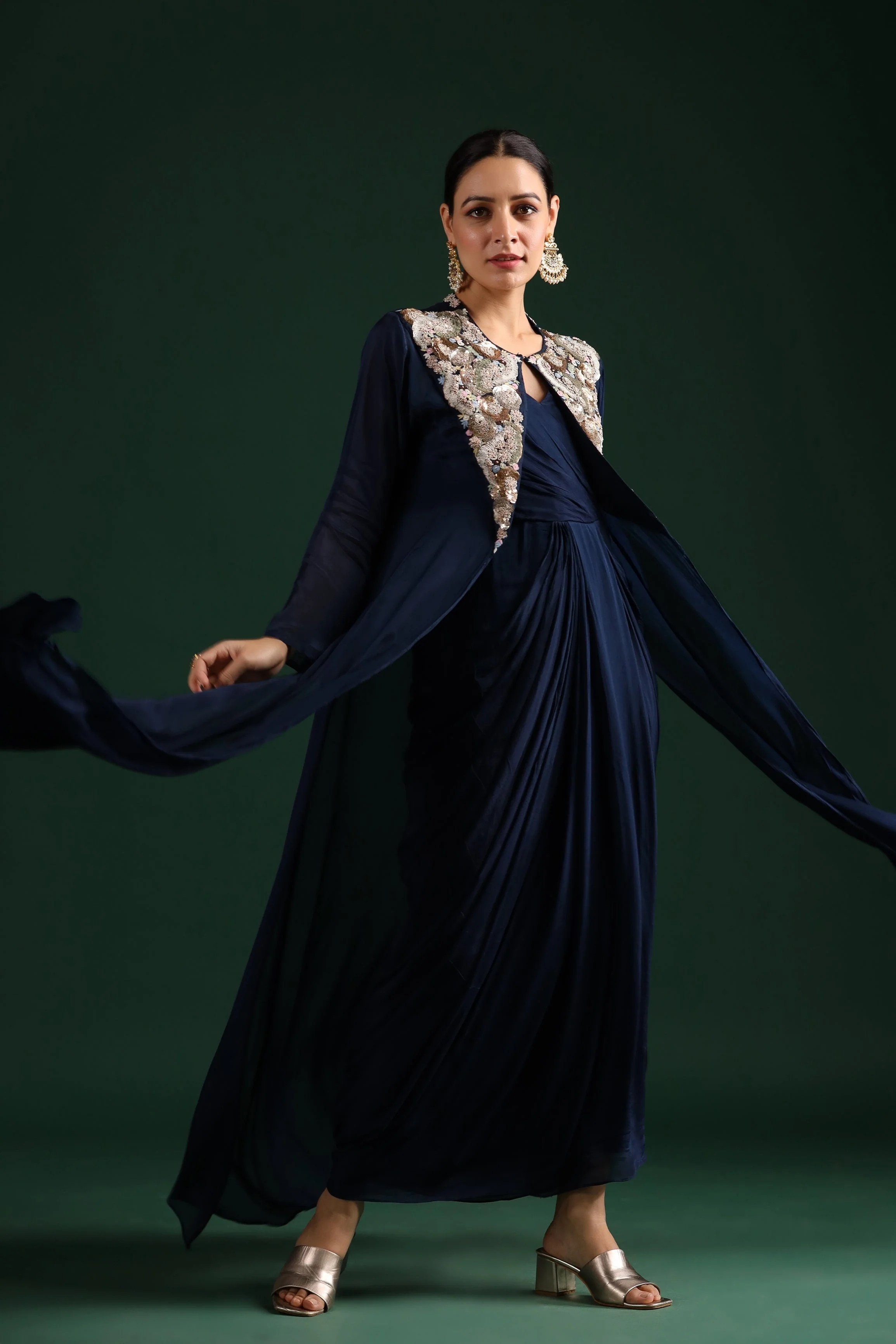 Deep Blue Embellished Draped Cape Dress - Image 3