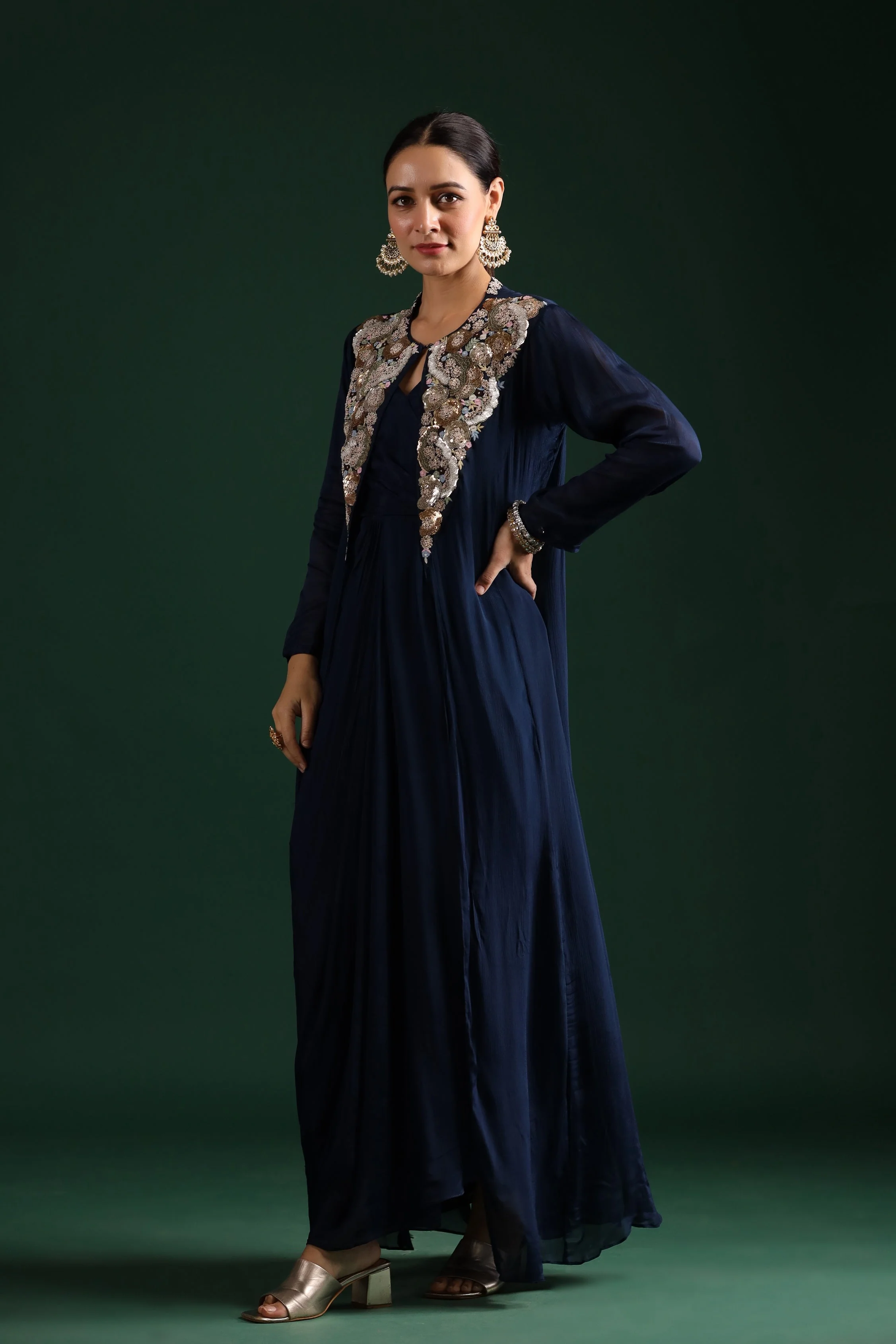 Deep Blue Embellished Draped Cape Dress - Image 4