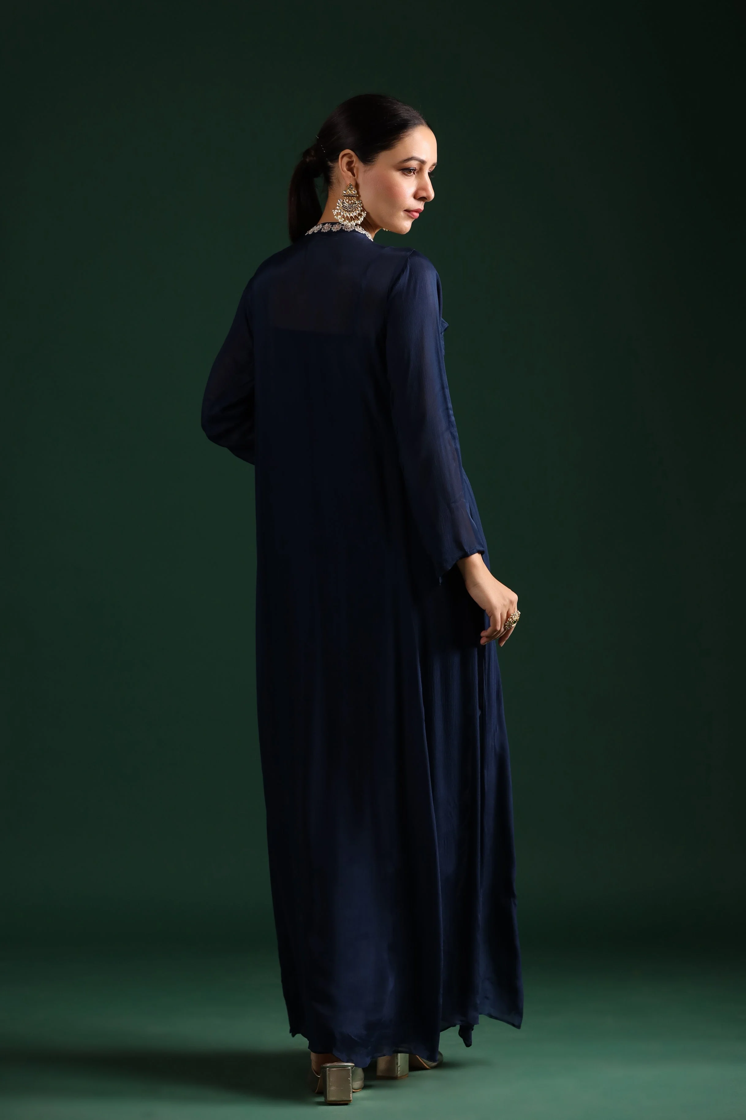 Deep Blue Embellished Draped Cape Dress - Image 5
