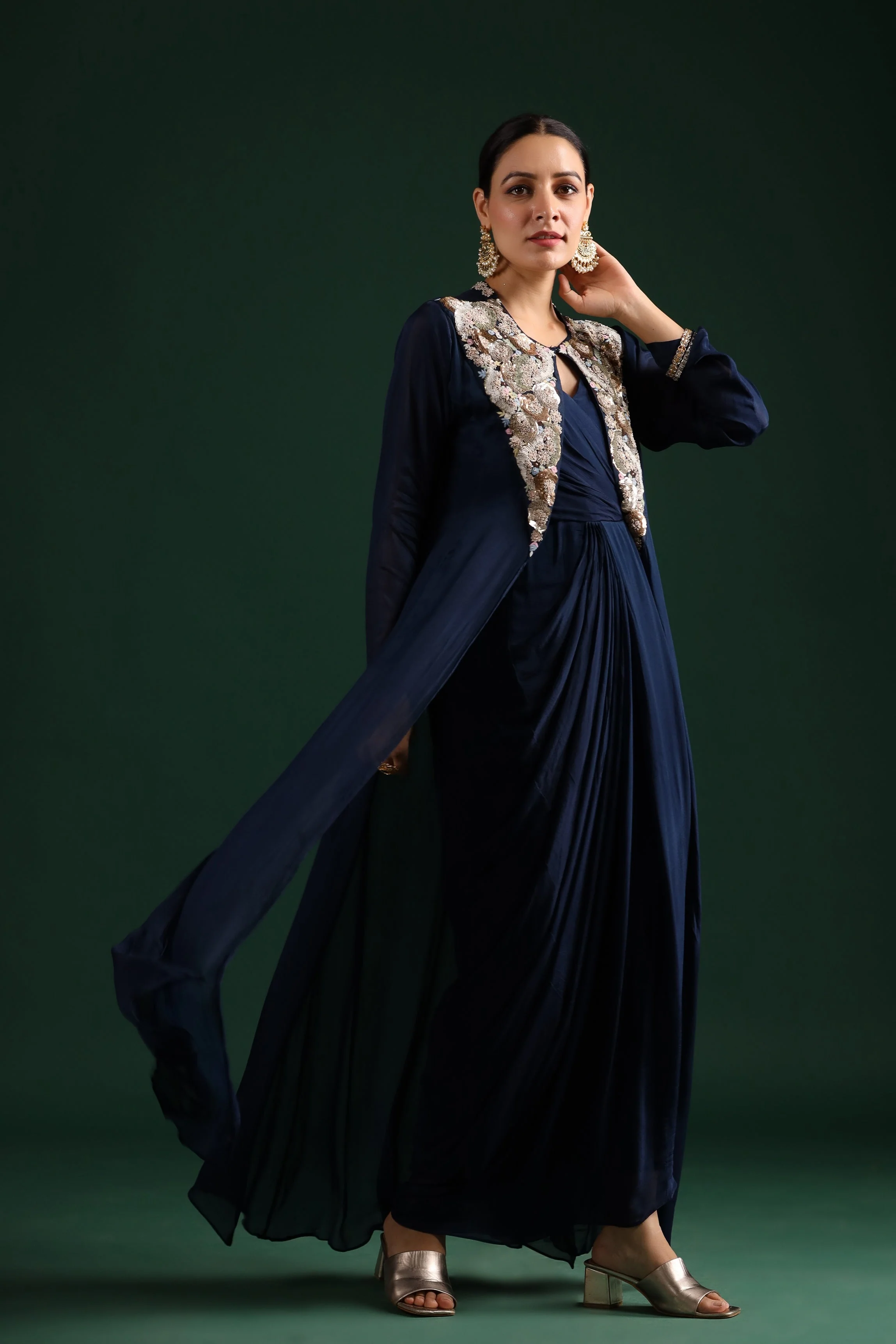 Deep Blue Embellished Draped Cape Dress - Image 6