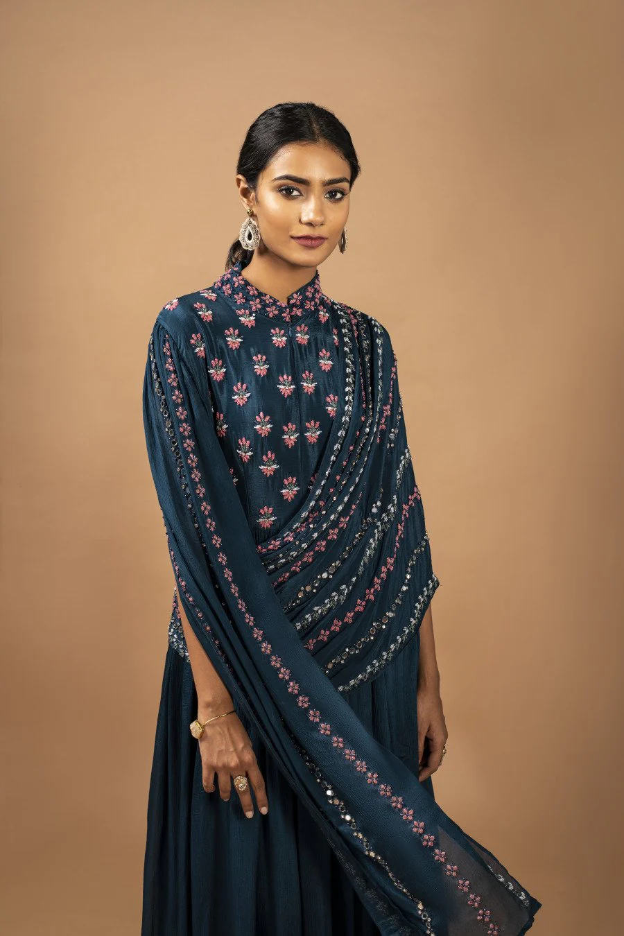 Deep Blue Embellished &amp; Draped Chinon Silk Gown - Image 2