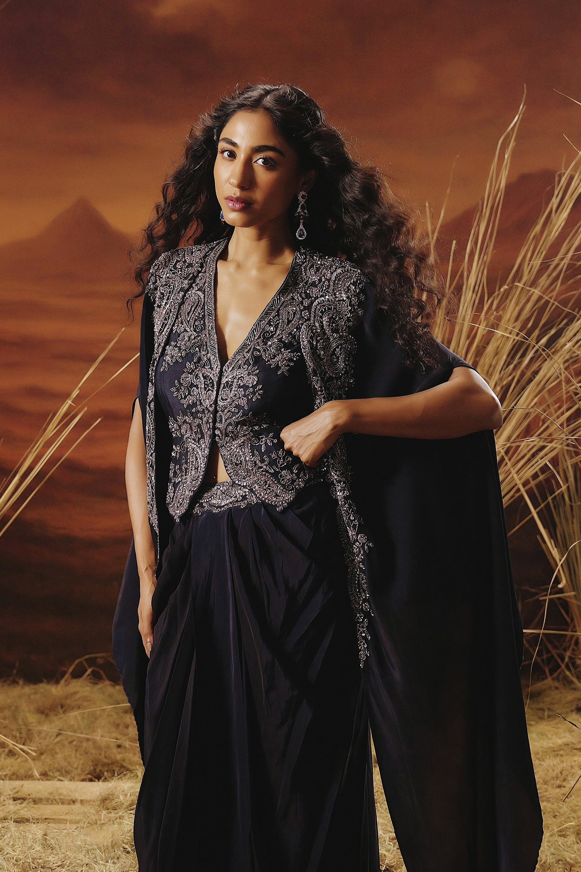 Deep Blue Embellished Satin Silk Cape Skirt Set - Image 4