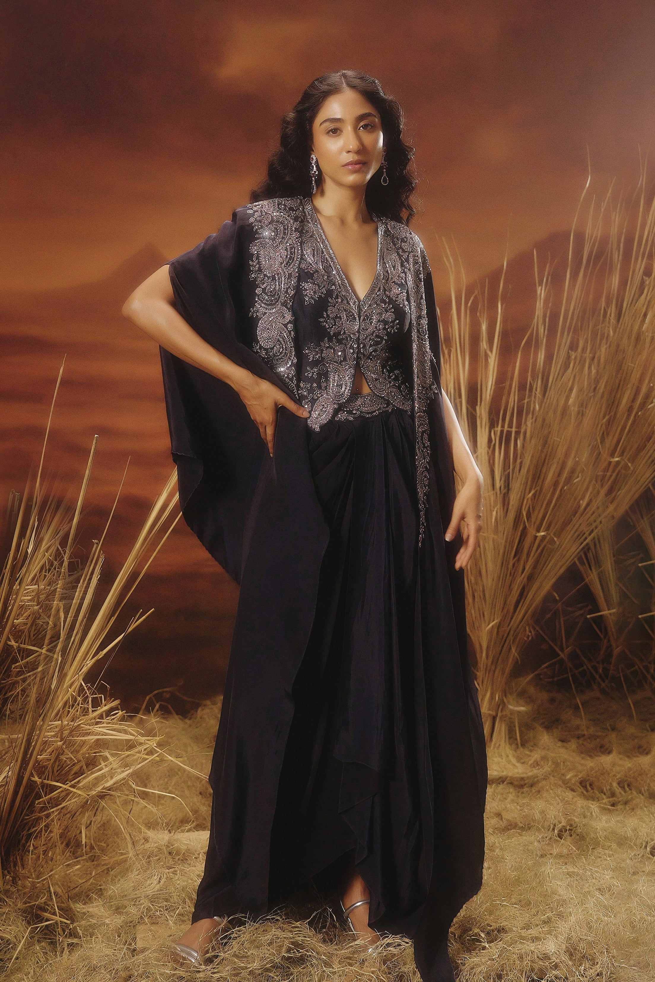 Deep Blue Embellished Satin Silk Cape Skirt Set - Image 5