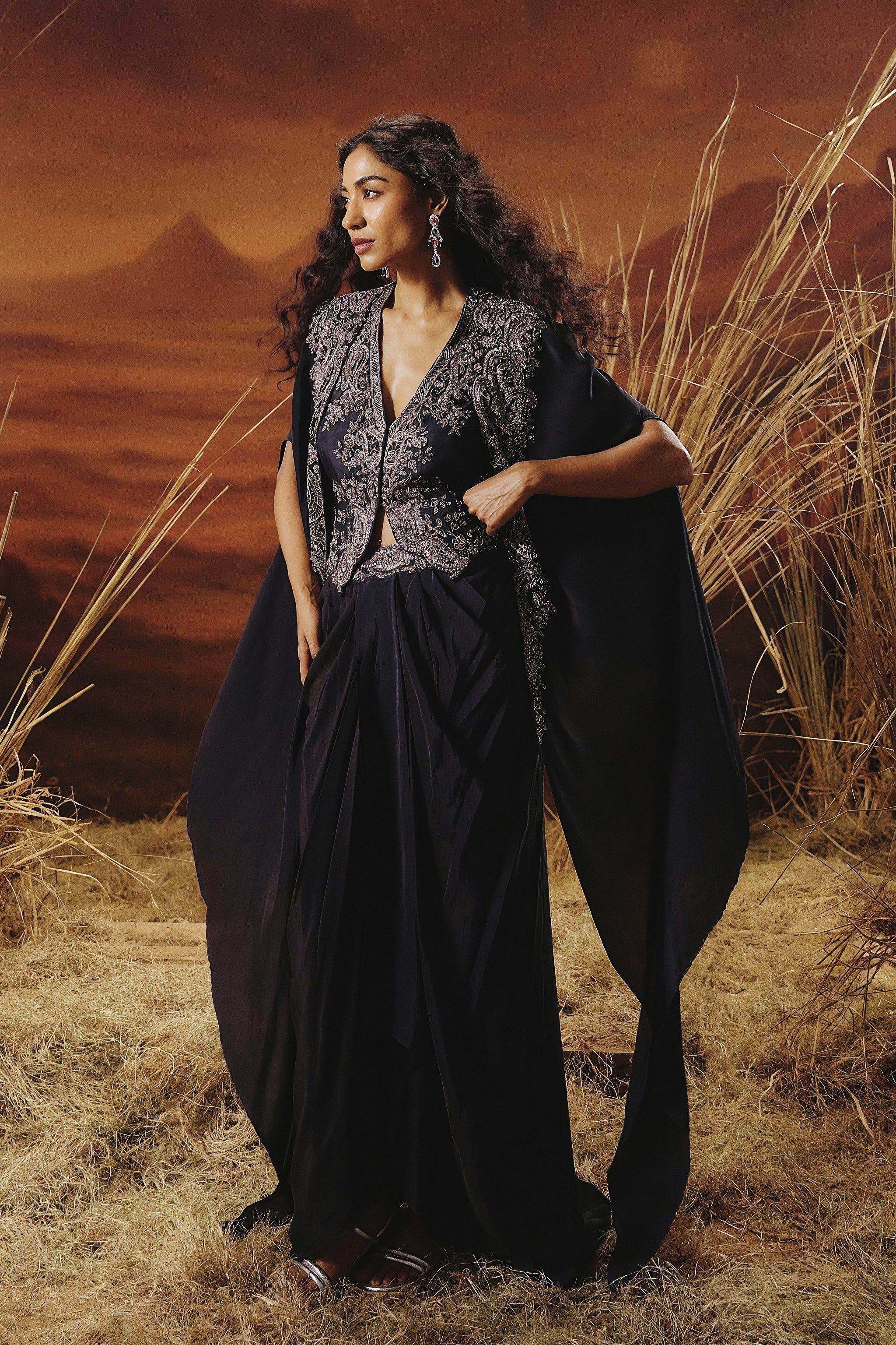 Deep Blue Embellished Satin Silk Cape Skirt Set - Image 6