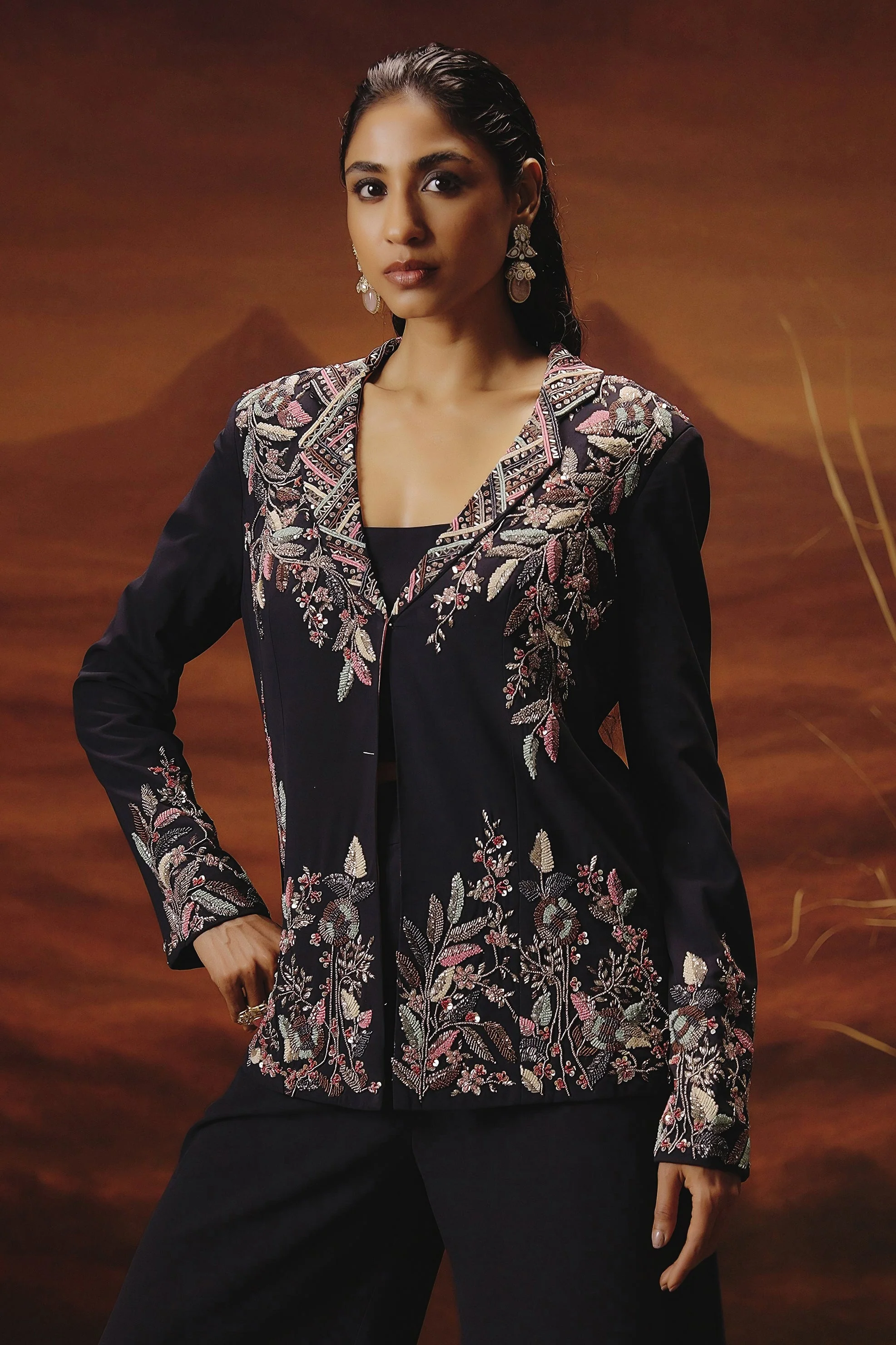 Ink Blue Embellished Georgette Silk Co-Ord Set - Image 3