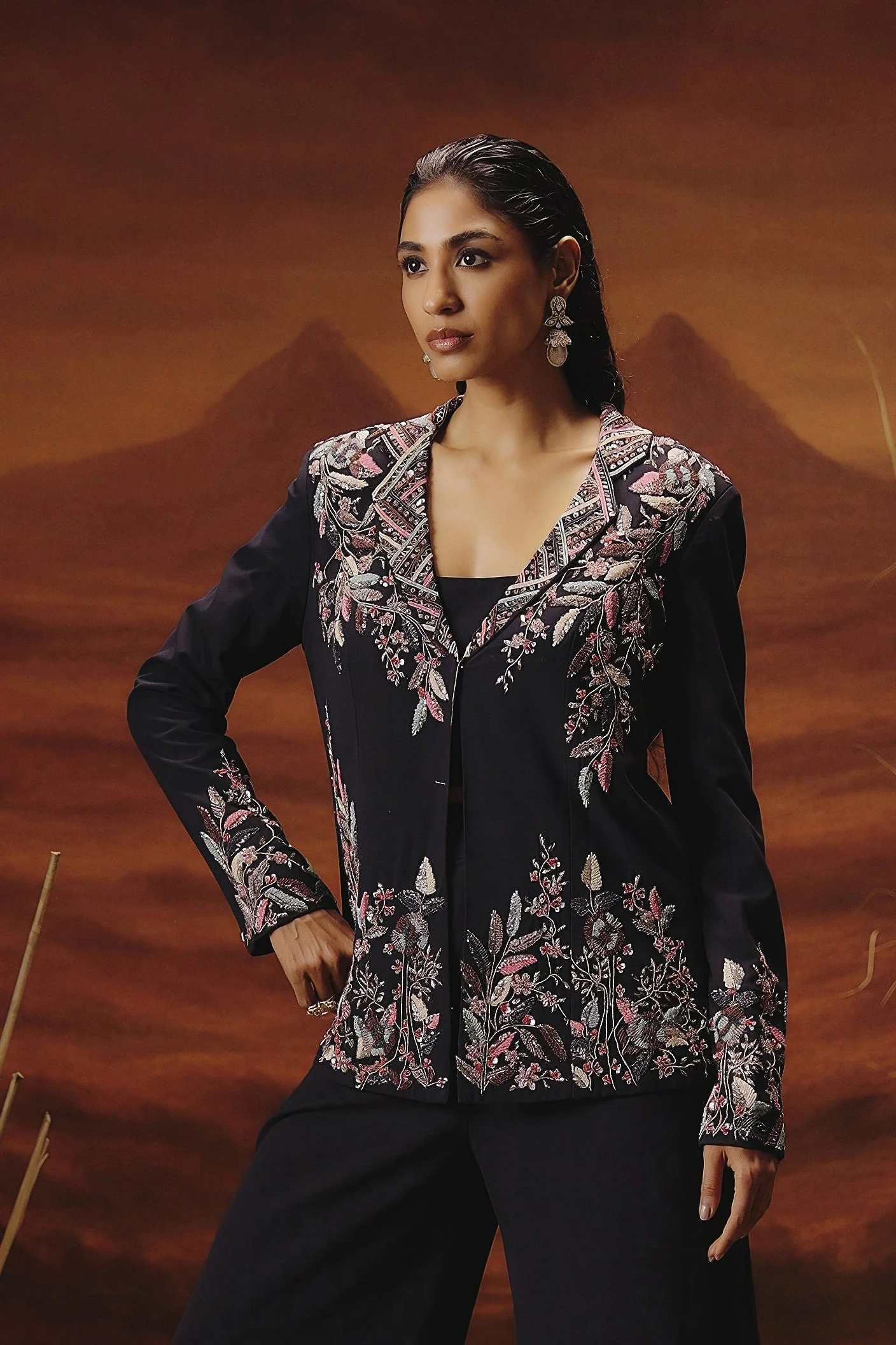 Ink Blue Embellished Georgette Silk Co-Ord Set - Image 5