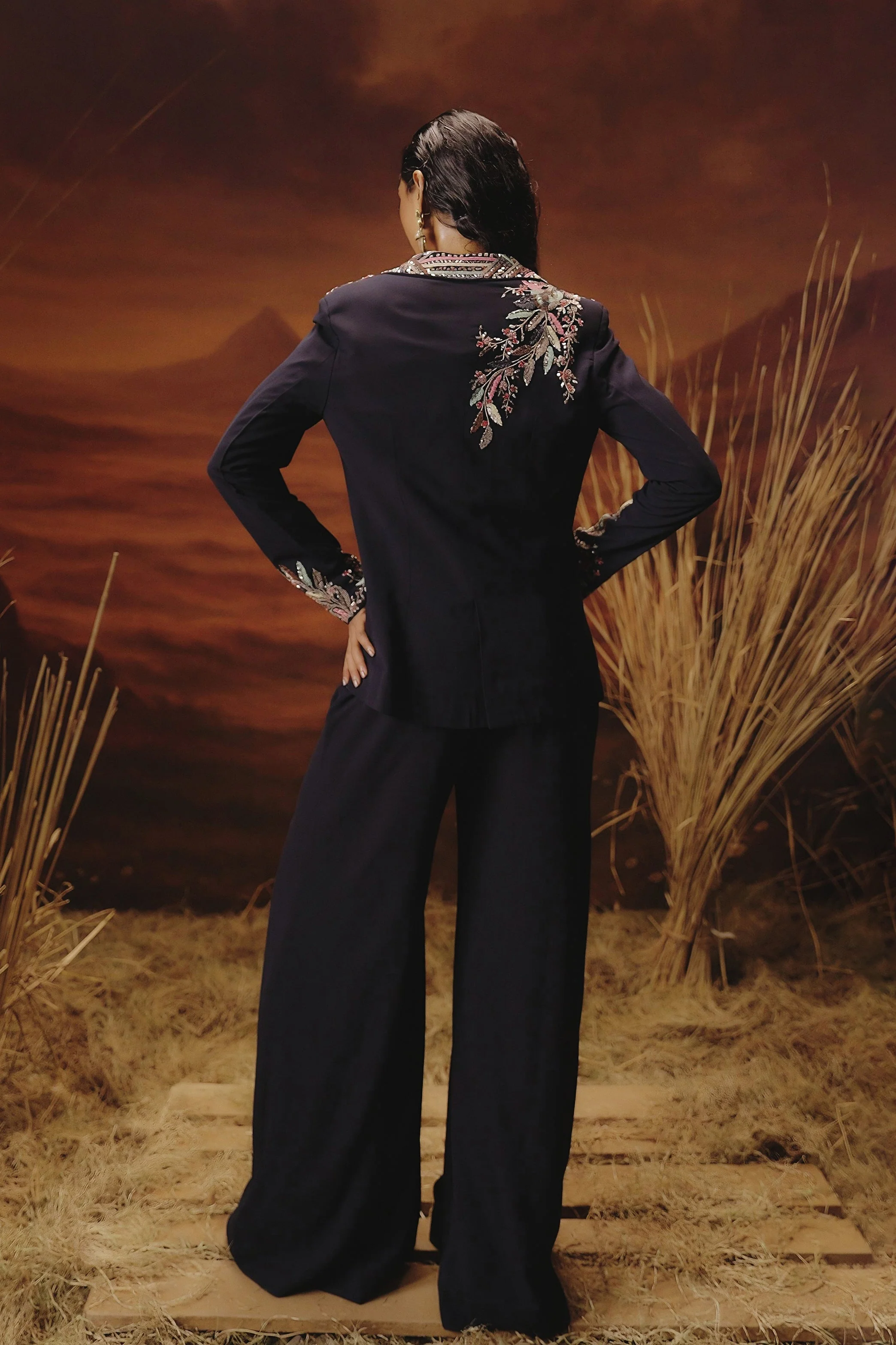 Ink Blue Embellished Georgette Silk Co-Ord Set - Image 7