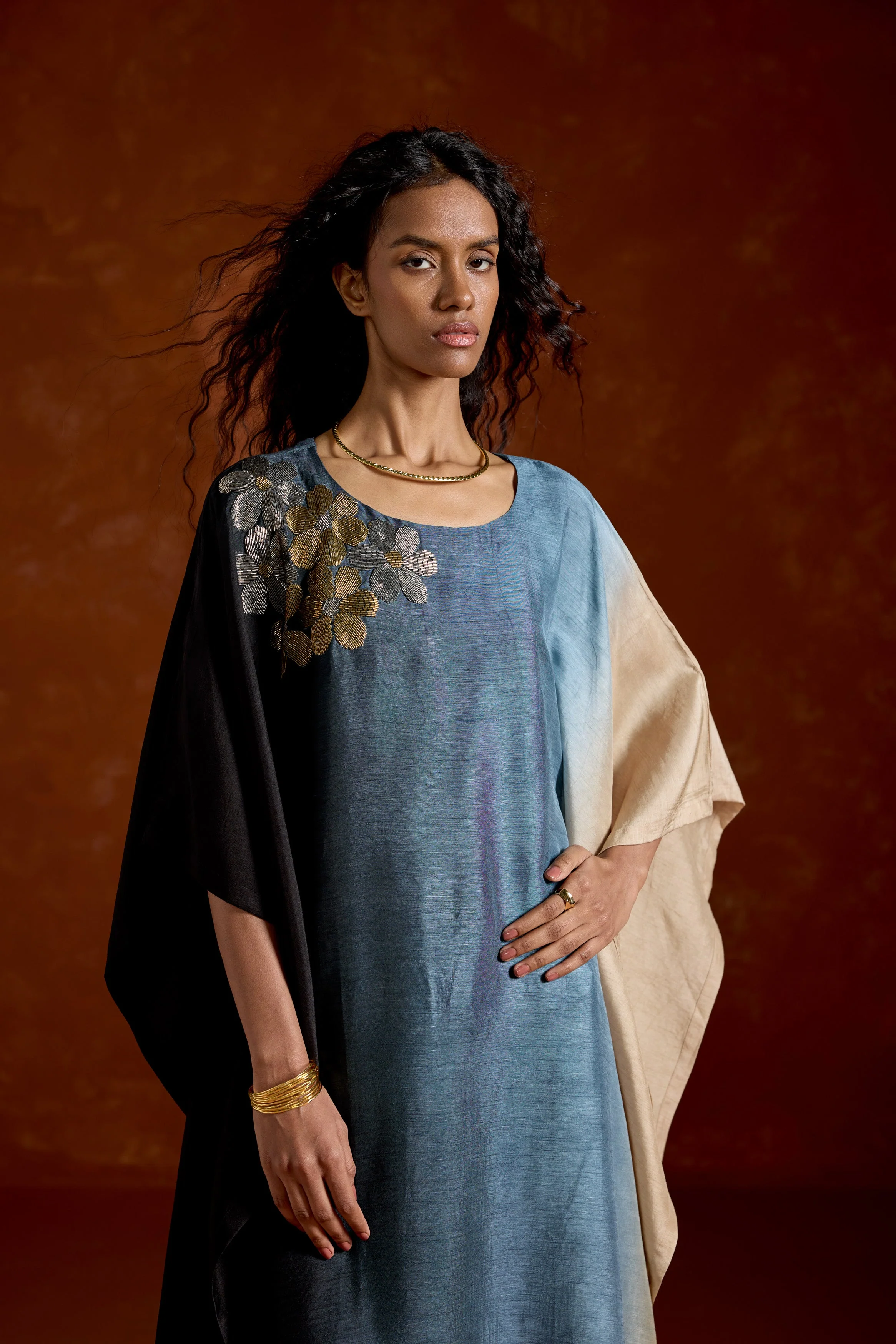 Deep Blue Embellished Ombre Kaftan Set - Image 2