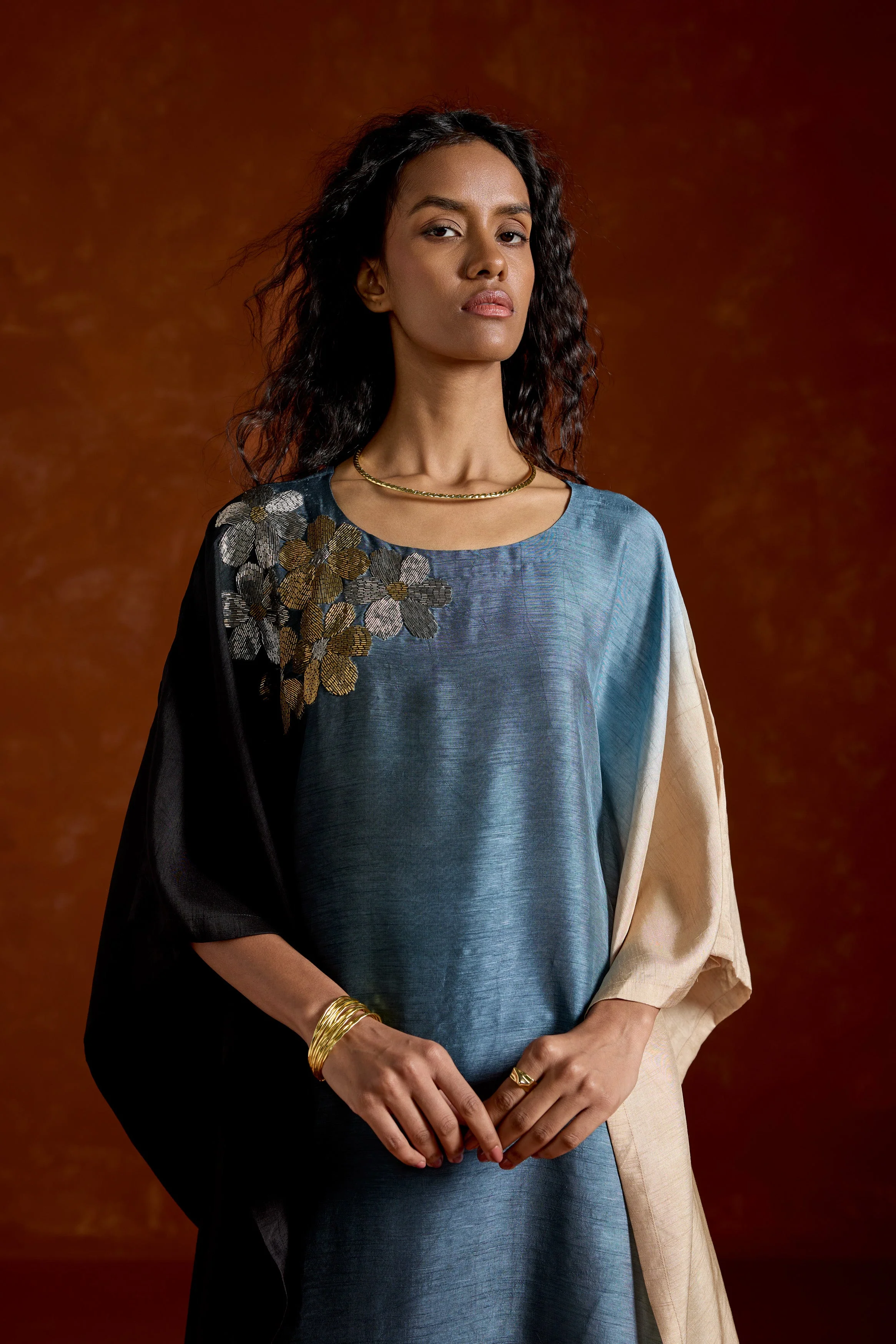 Deep Blue Embellished Ombre Kaftan Set - Image 3