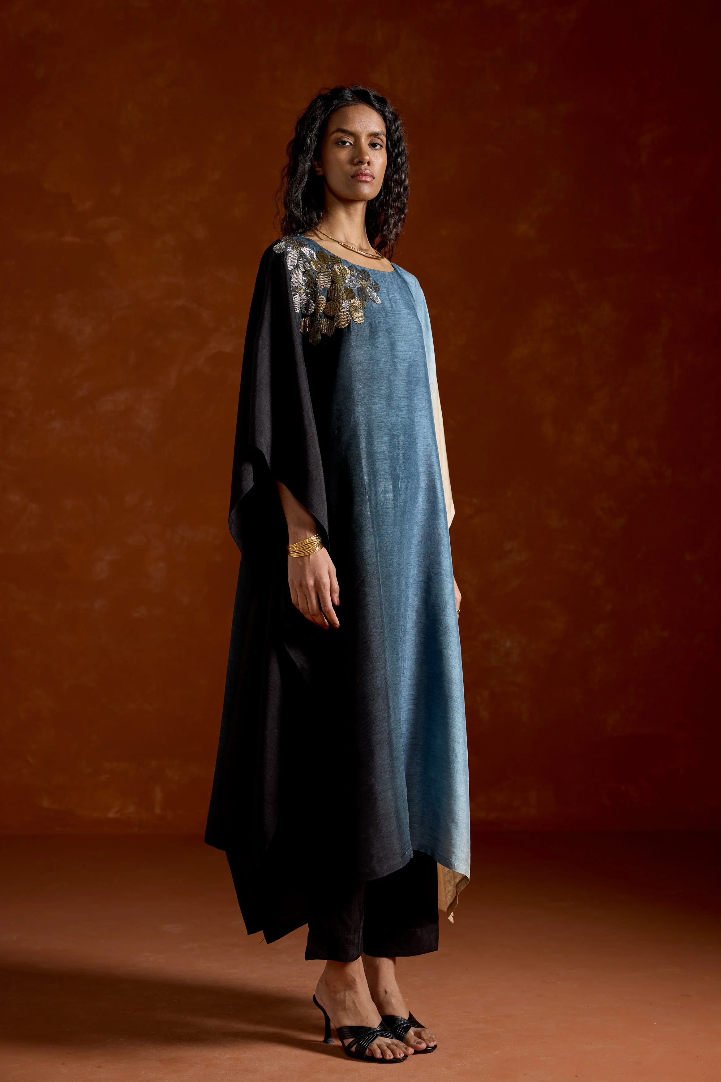 Deep Blue Embellished Ombre Kaftan Set - Image 4