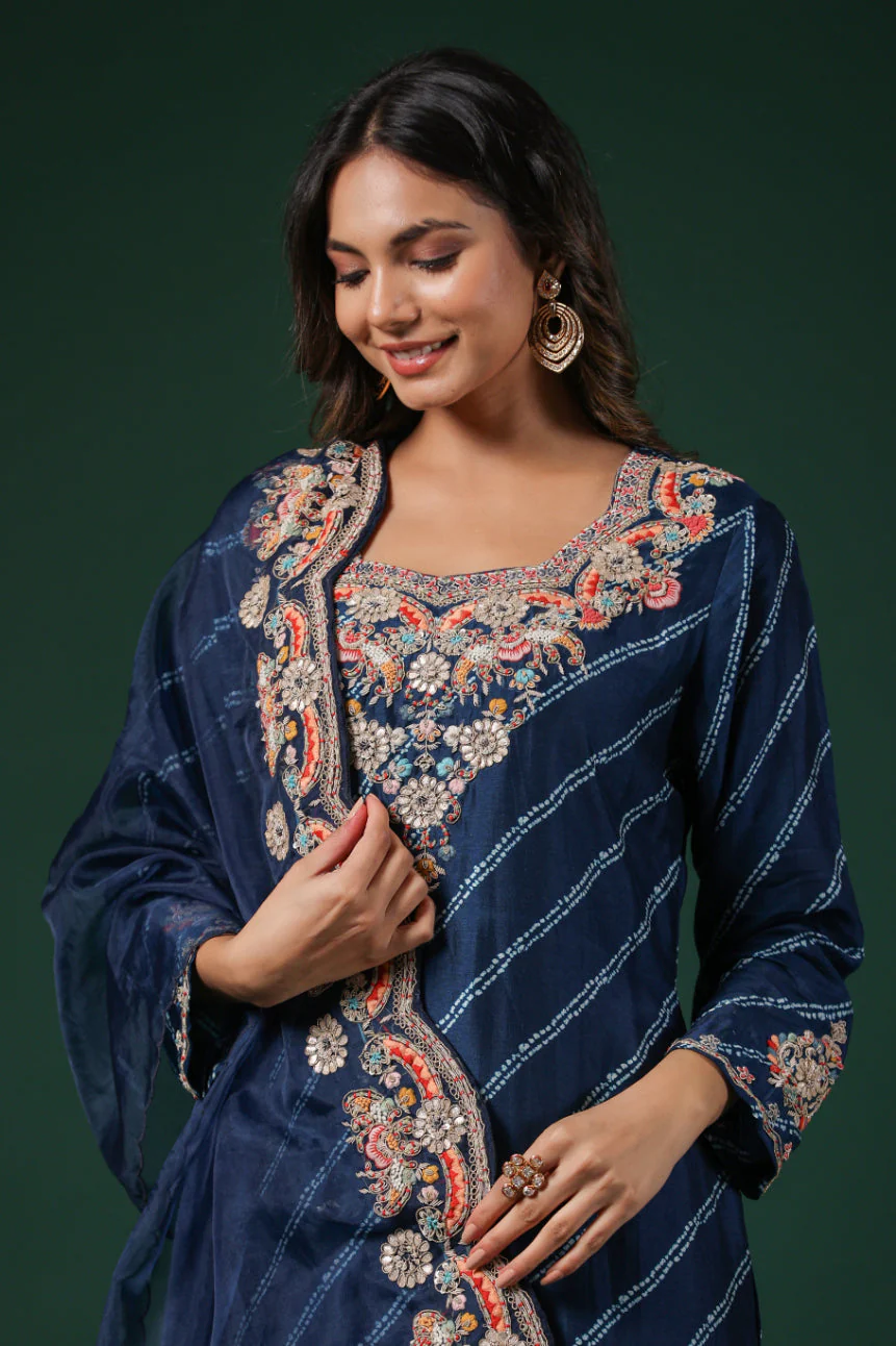 Deep Blue Embellished Habutai Silk Pants Set - Image 2