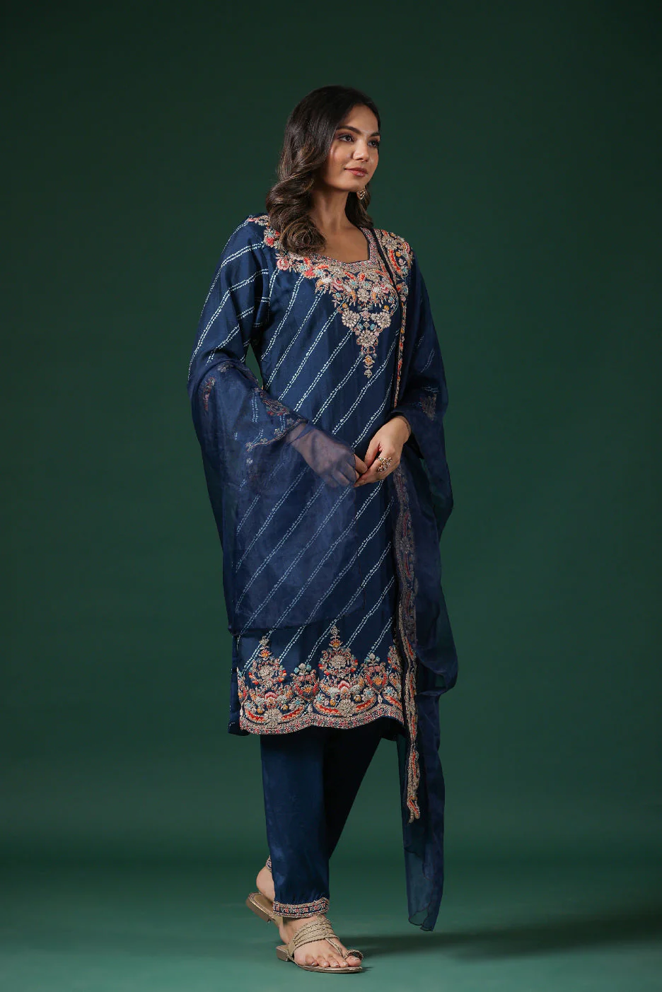 Deep Blue Embellished Habutai Silk Pants Set - Image 3