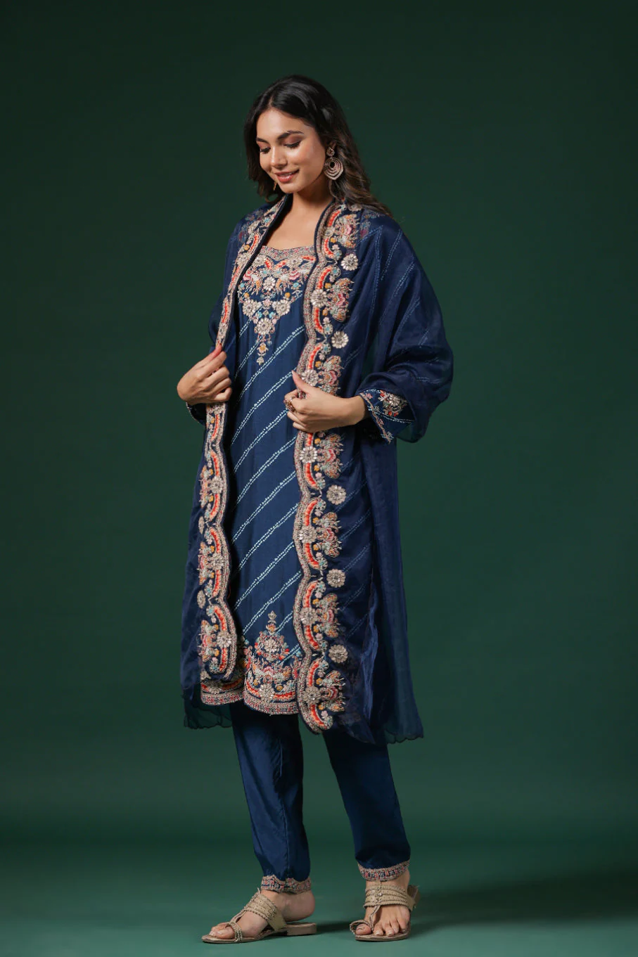Deep Blue Embellished Habutai Silk Pants Set - Image 4