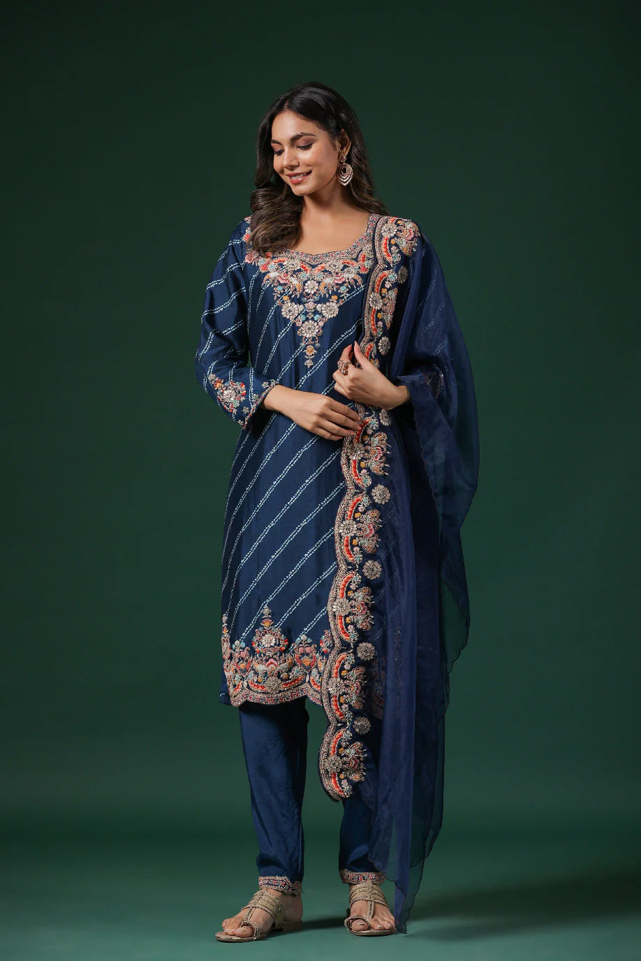 Deep Blue Embellished Habutai Silk Pants Set - Image 6