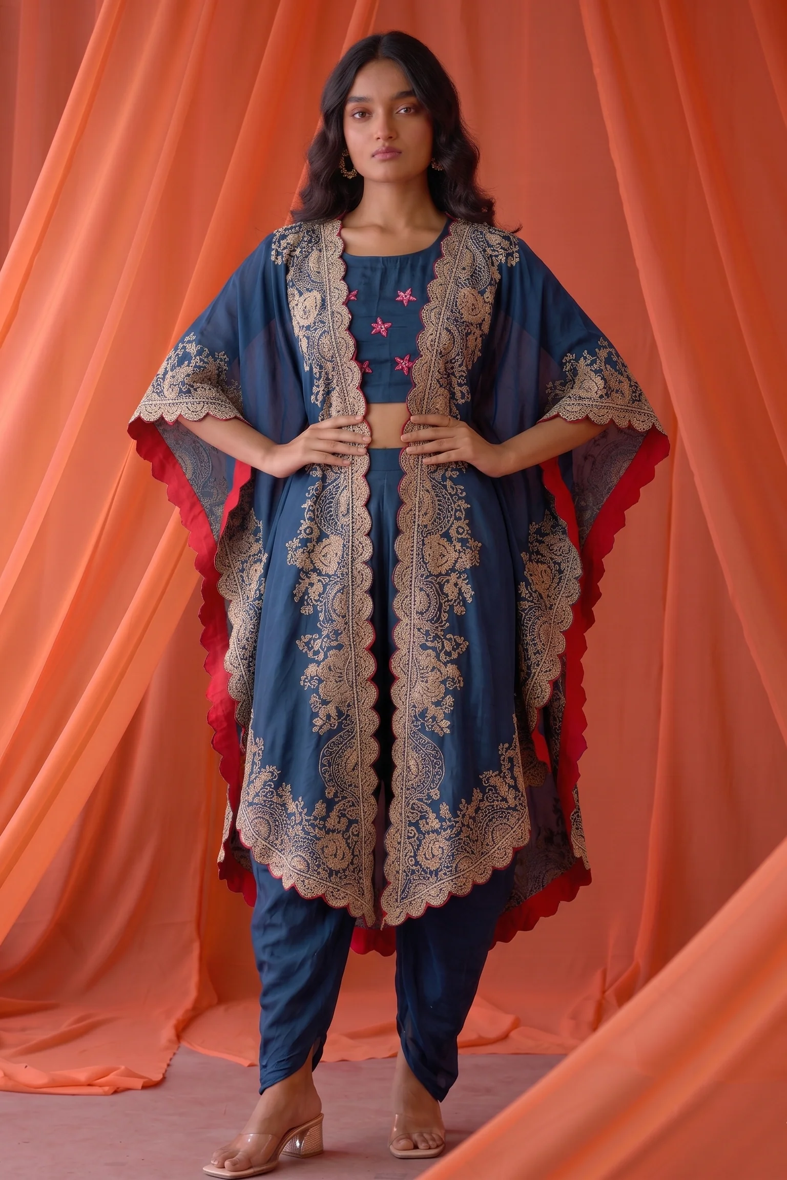 Deep Blue Embellished Raw Silk Cape Set
