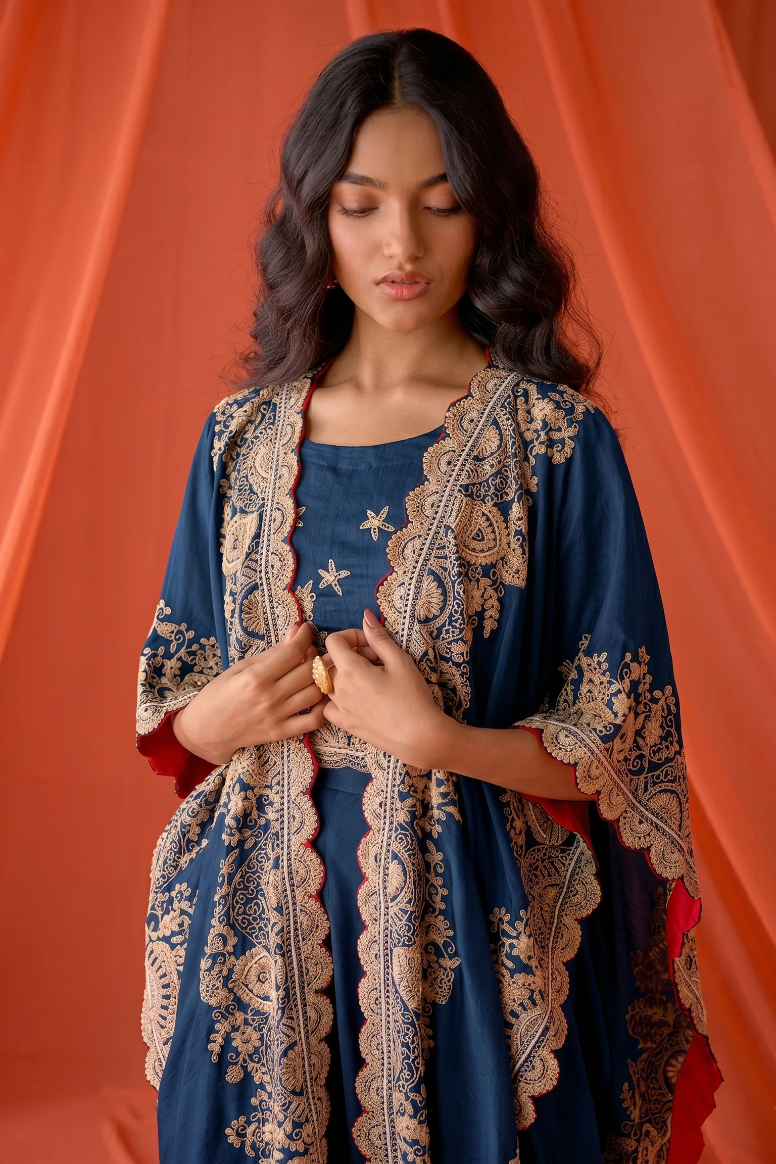 Deep Blue Embellished Raw Silk Cape Set - Image 2