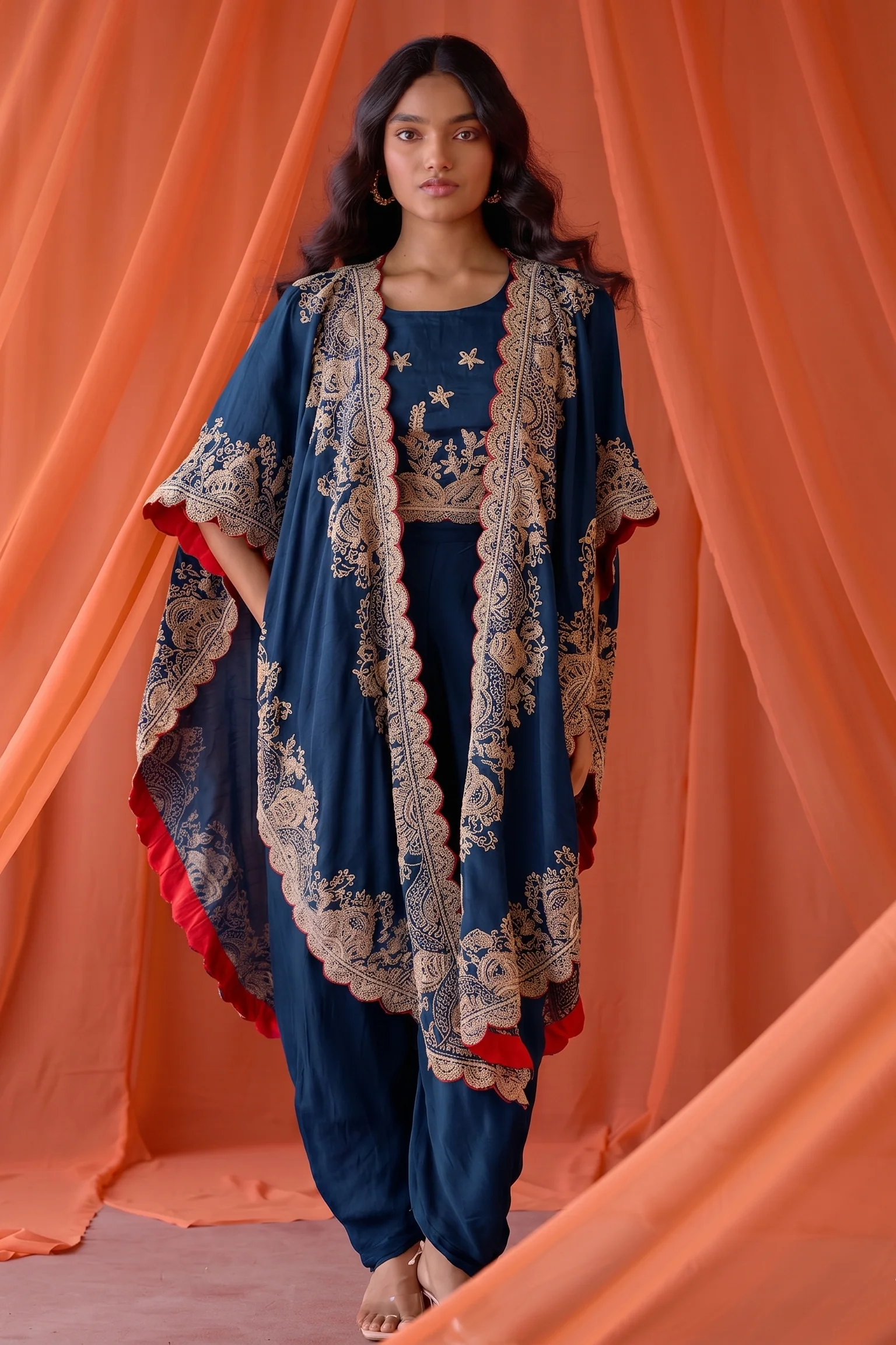 Deep Blue Embellished Raw Silk Cape Set - Image 3