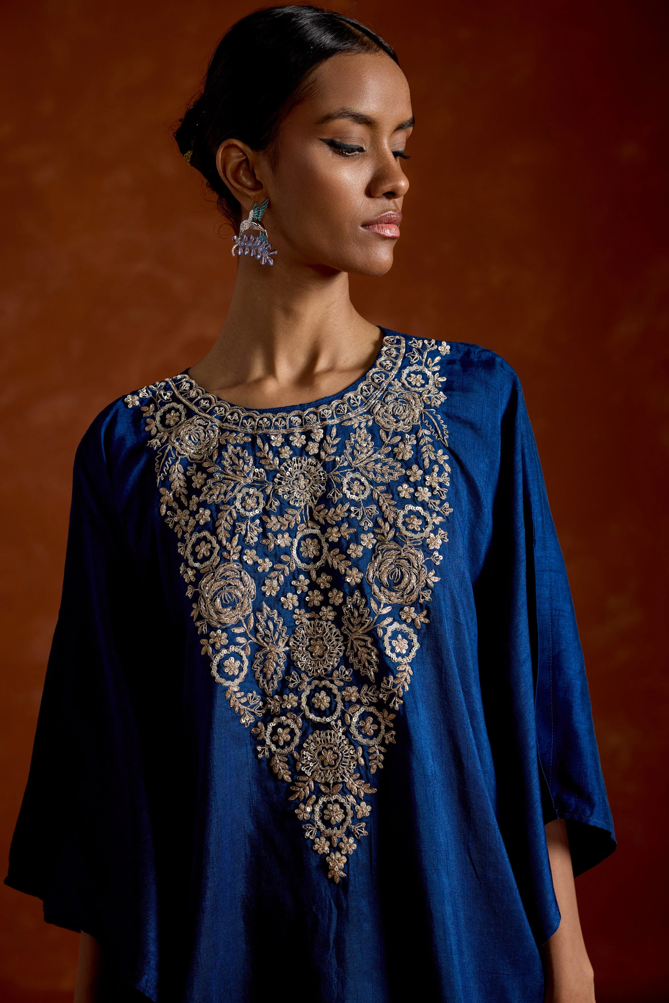 Deep Blue Embellished Raw Silk Kaftan Set - Image 2