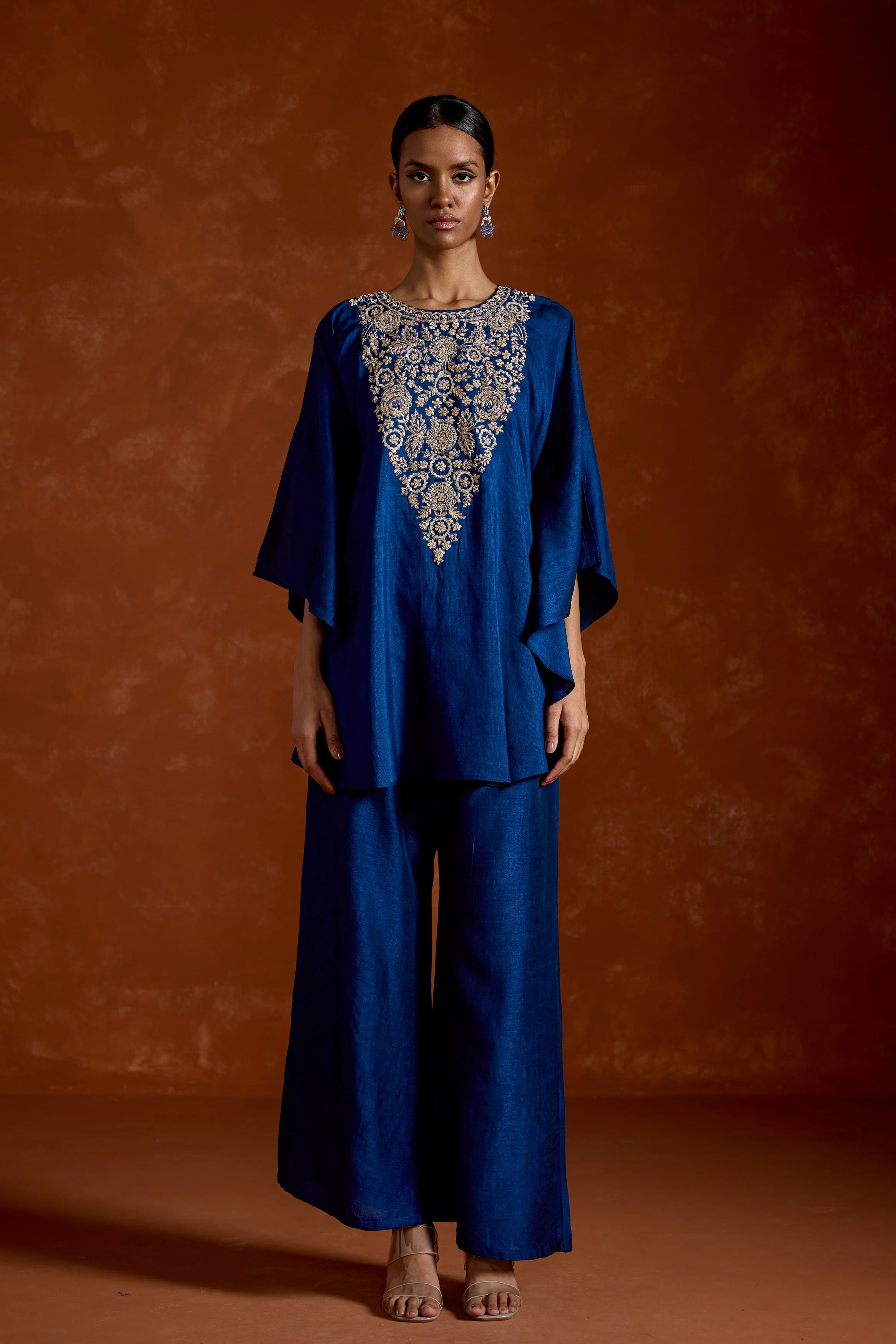 Deep Blue Embellished Raw Silk Kaftan Set - Image 3