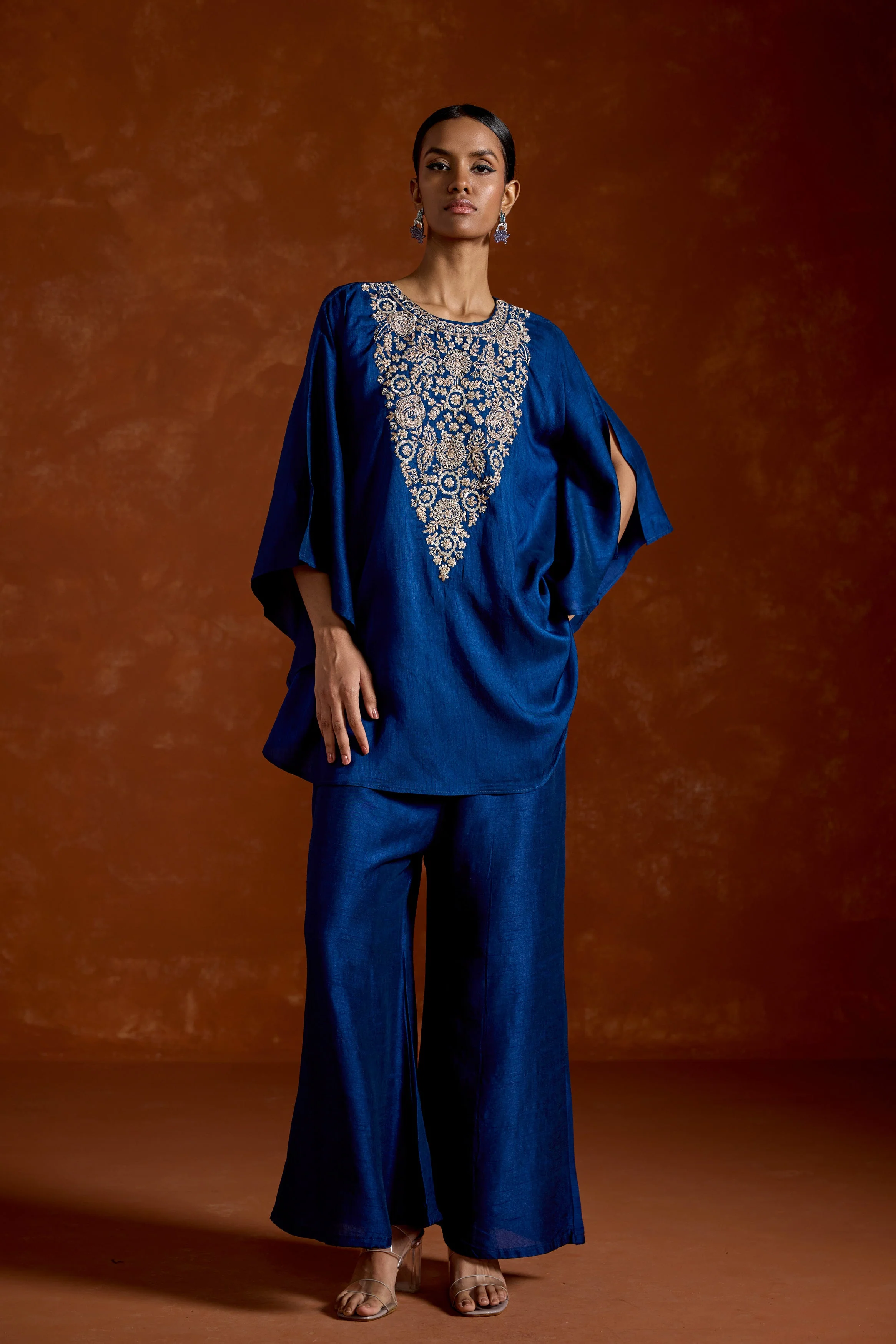 Deep Blue Embellished Raw Silk Kaftan Set - Image 4