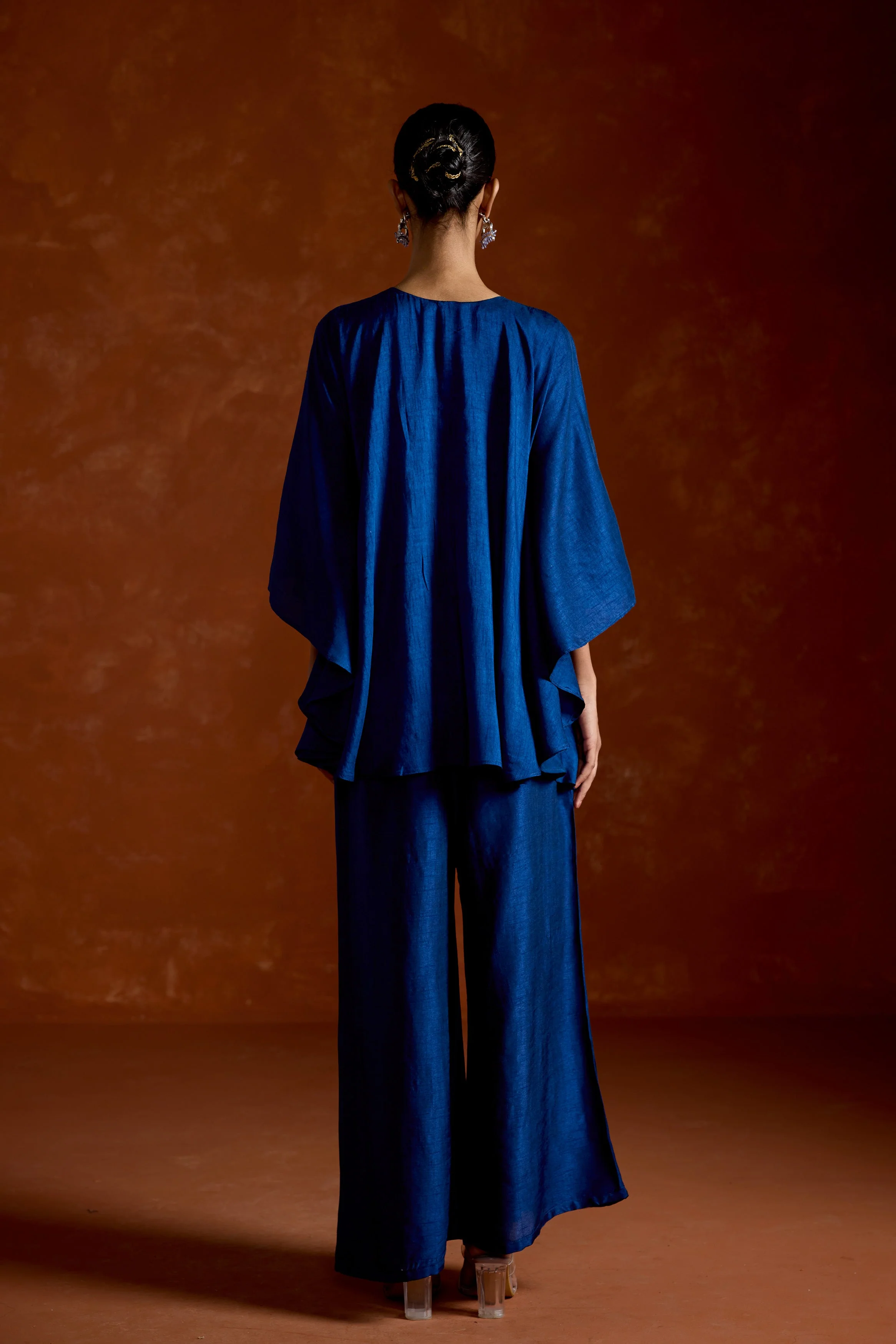 Deep Blue Embellished Raw Silk Kaftan Set - Image 5