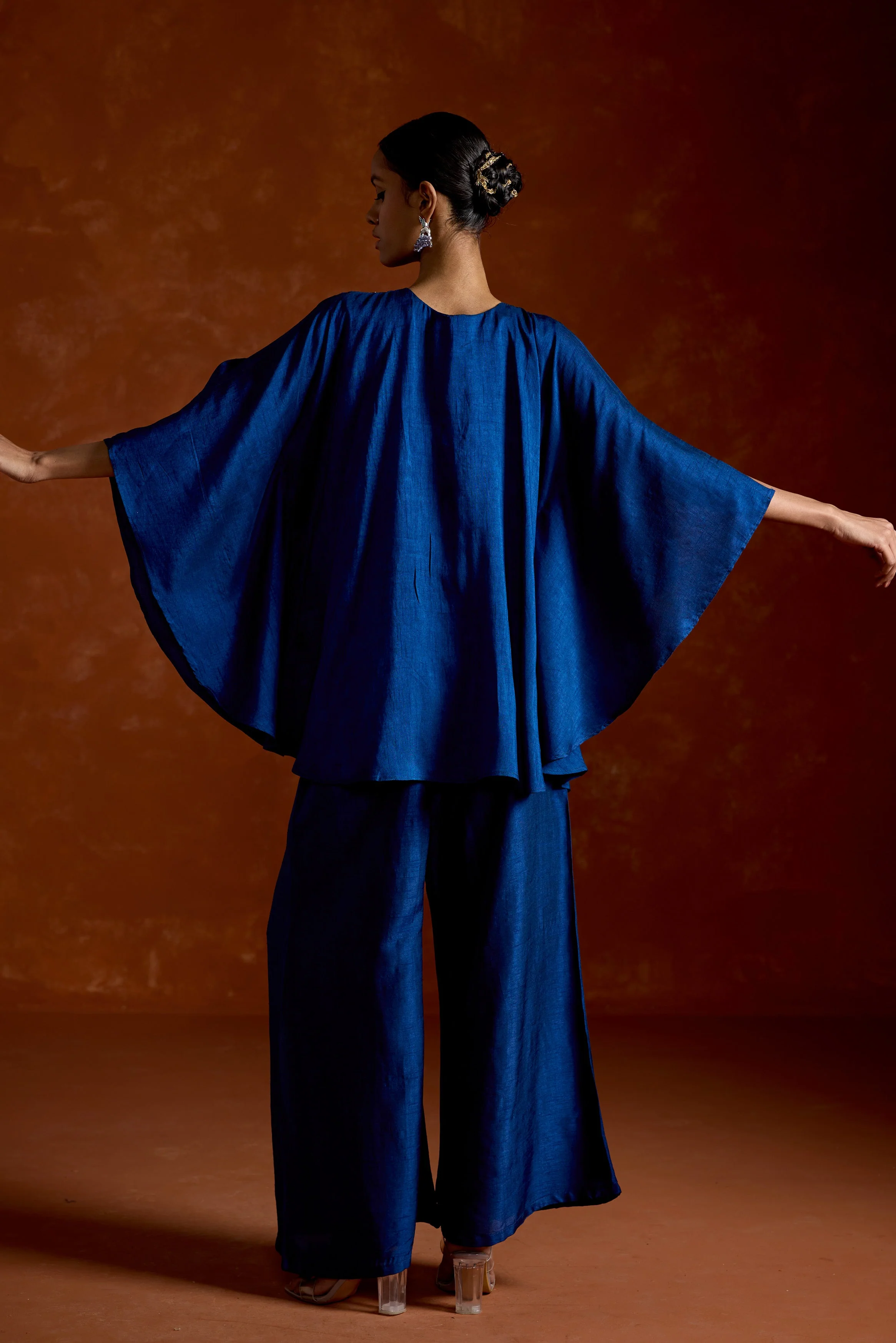 Deep Blue Embellished Raw Silk Kaftan Set - Image 6