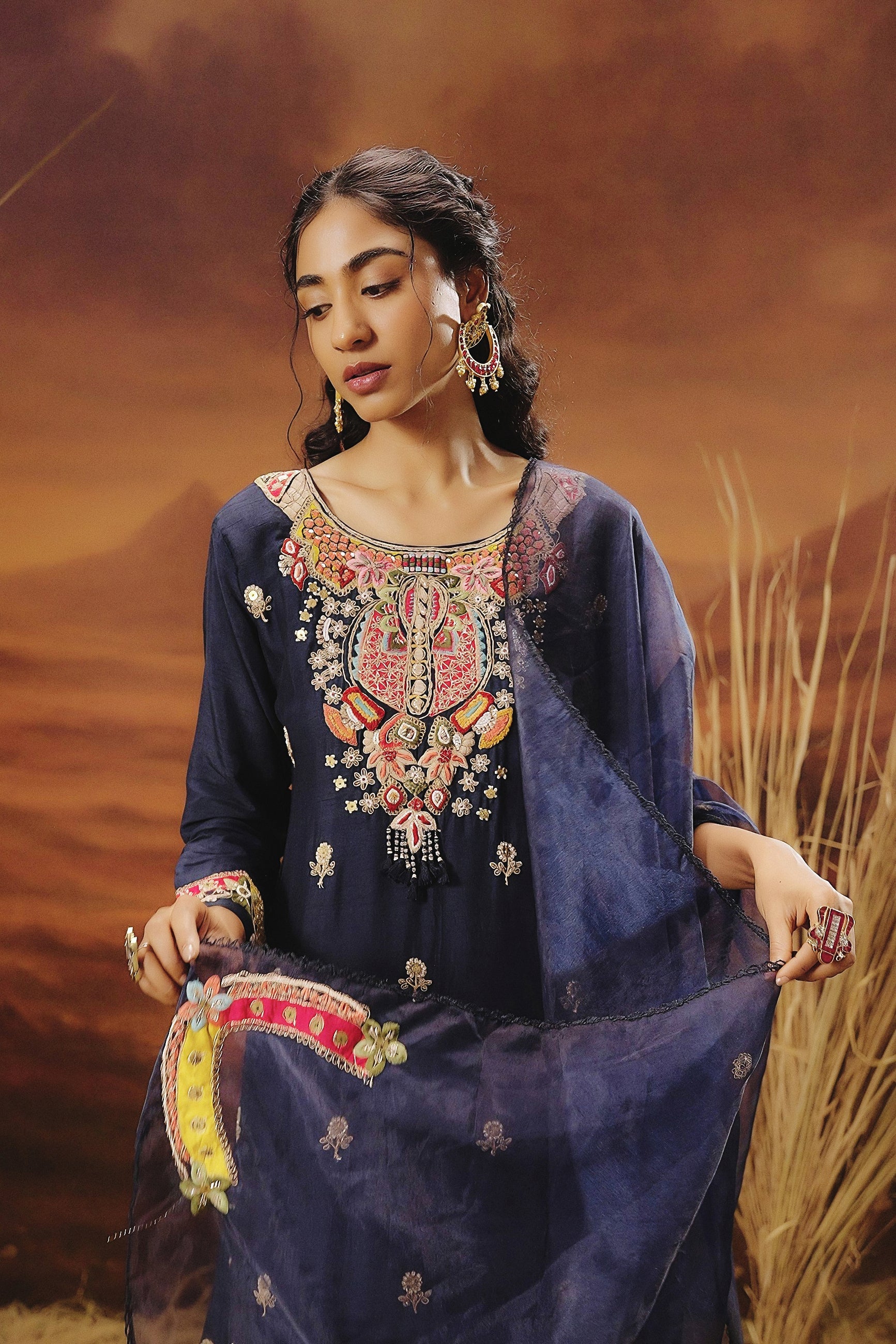Deep Blue Embellished Raw Silk Pant Set - Image 3