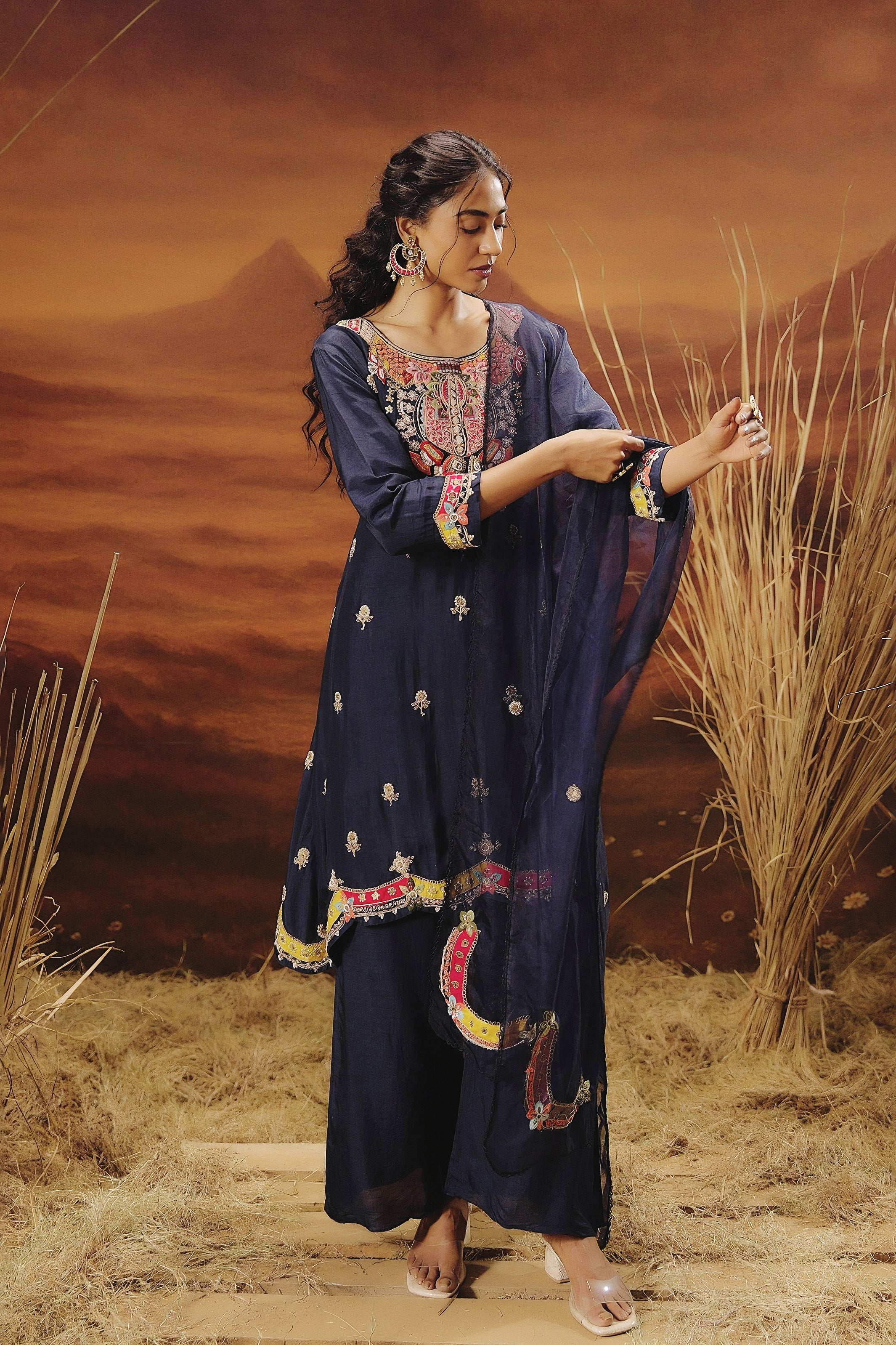 Deep Blue Embellished Raw Silk Pant Set - Image 4
