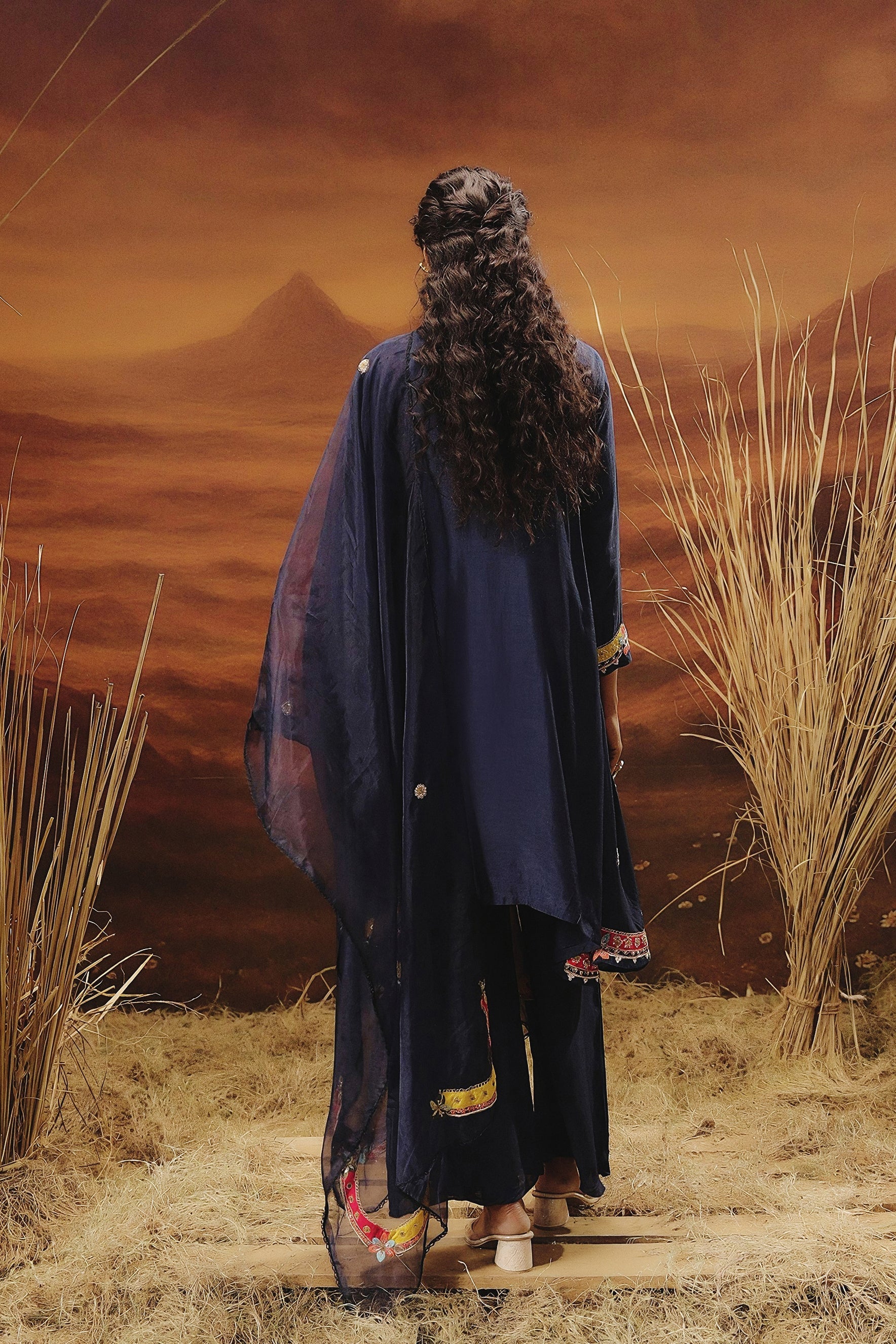 Deep Blue Embellished Raw Silk Pant Set - Image 5