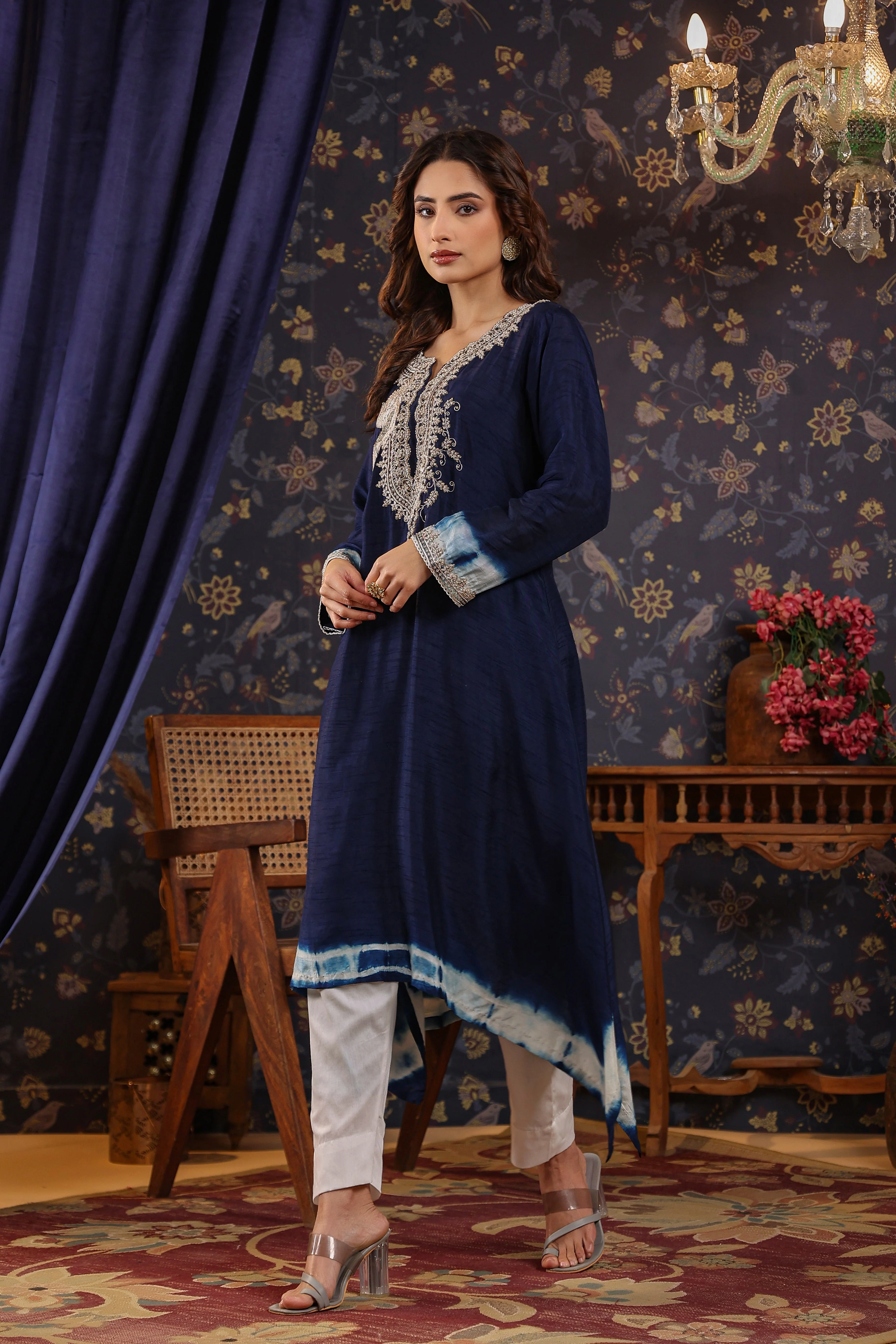 Deep Blue Embellished Raw Silk Pants Set - Image 3