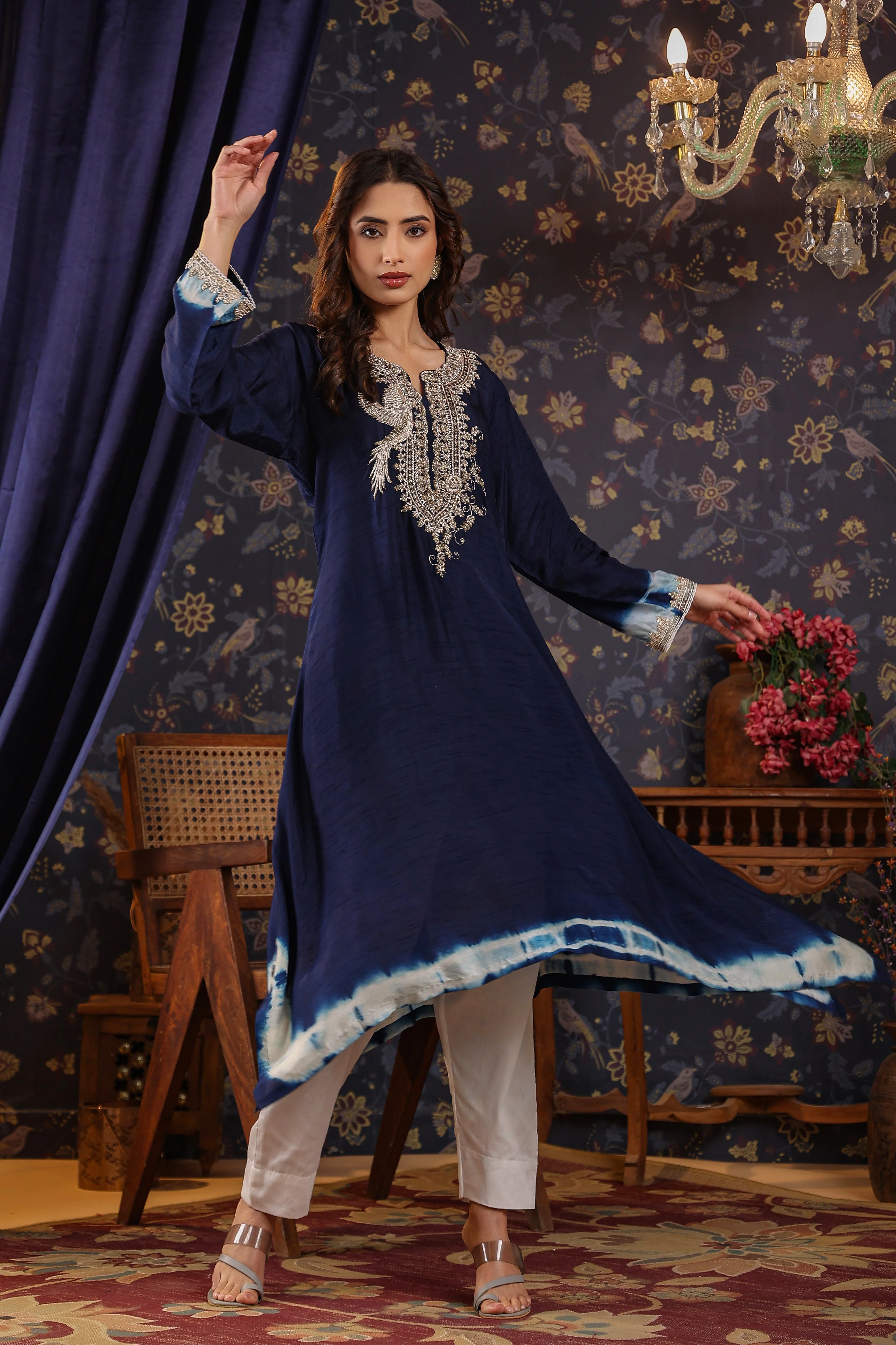 Deep Blue Embellished Raw Silk Pants Set - Image 4