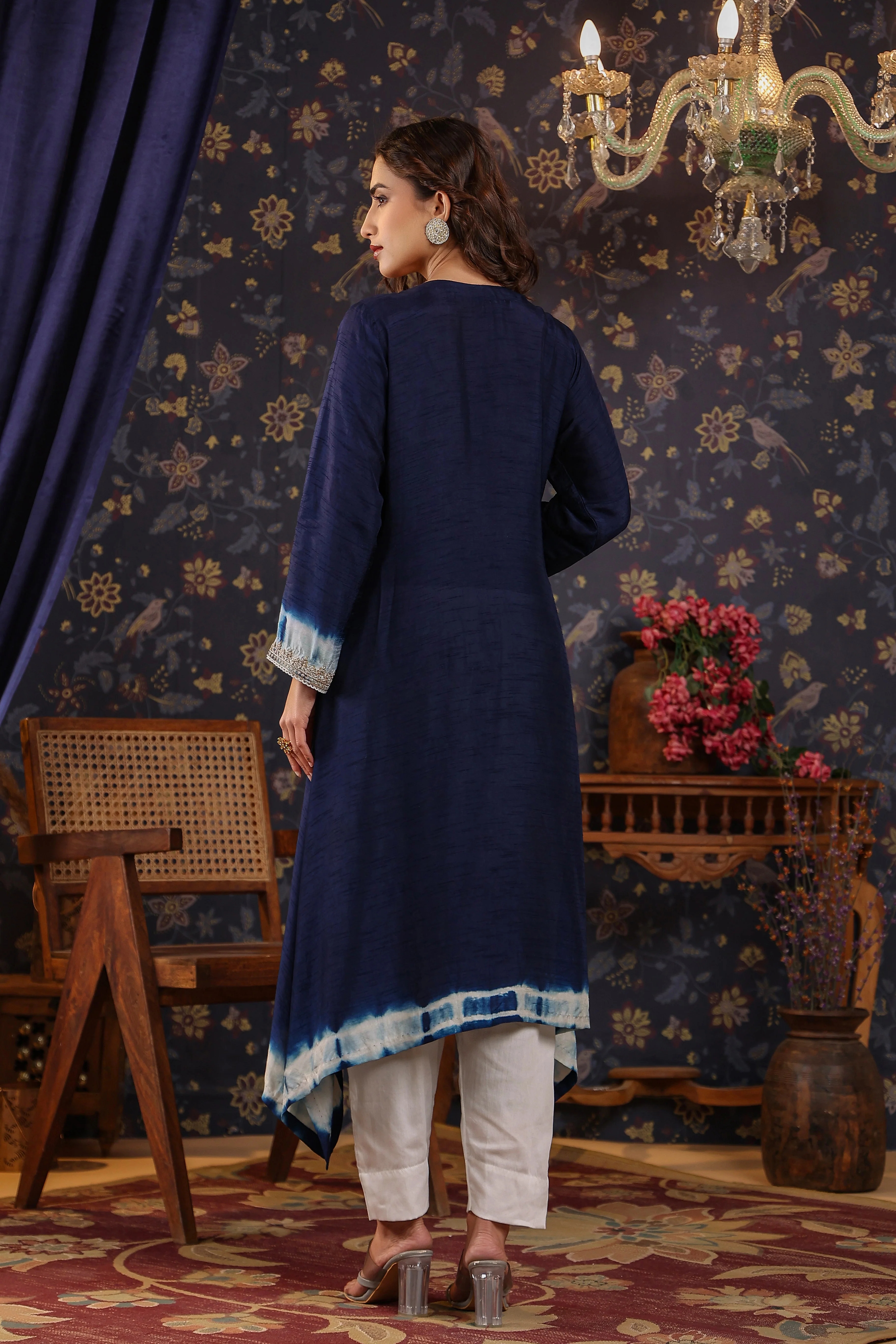 Deep Blue Embellished Raw Silk Pants Set - Image 5