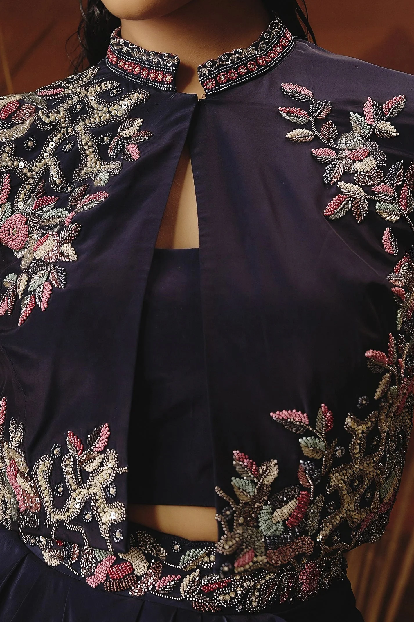 Deep Blue Embellished Satin Silk Drape Skirt With Jacket Set - Image 2