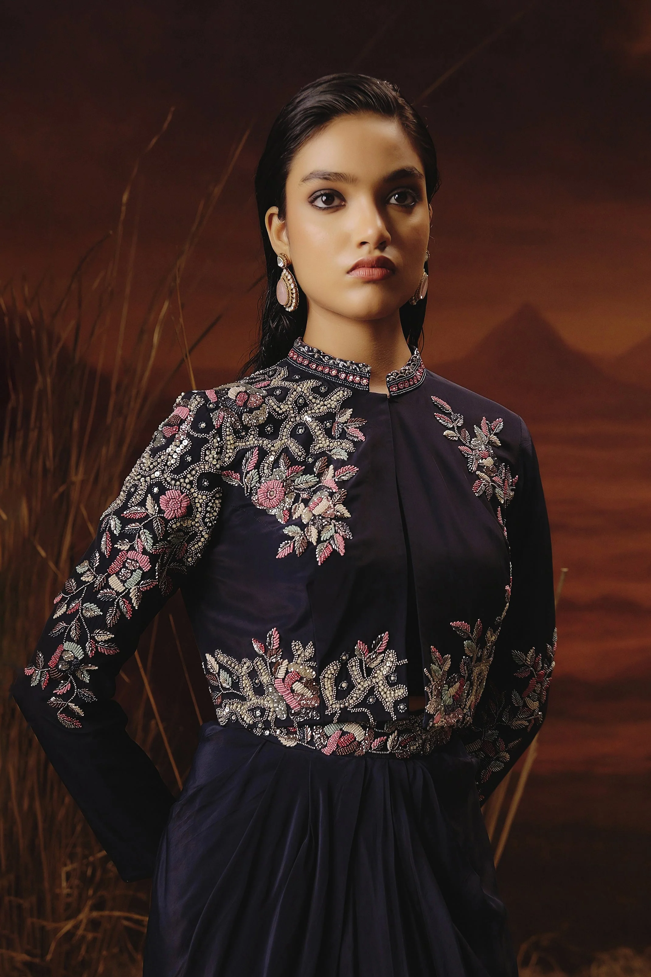 Deep Blue Embellished Satin Silk Drape Skirt With Jacket Set - Image 3