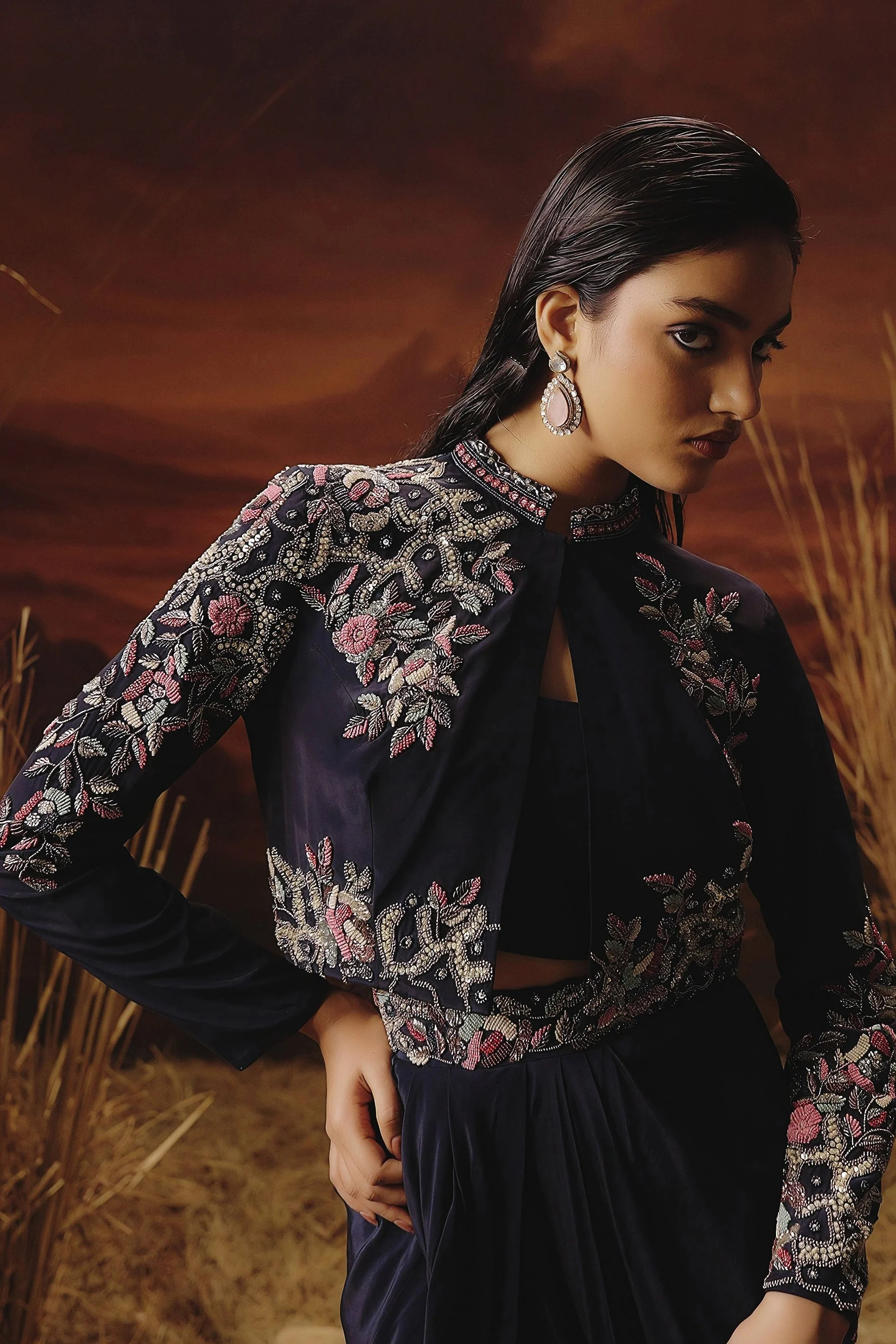 Deep Blue Embellished Satin Silk Drape Skirt With Jacket Set - Image 4
