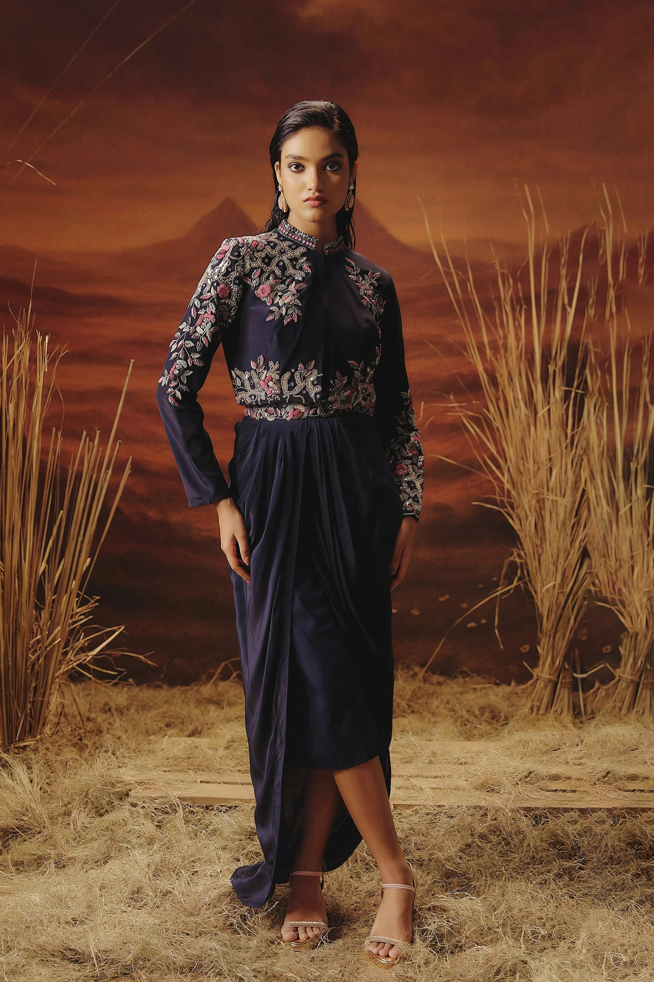Deep Blue Embellished Satin Silk Drape Skirt With Jacket Set - Image 5
