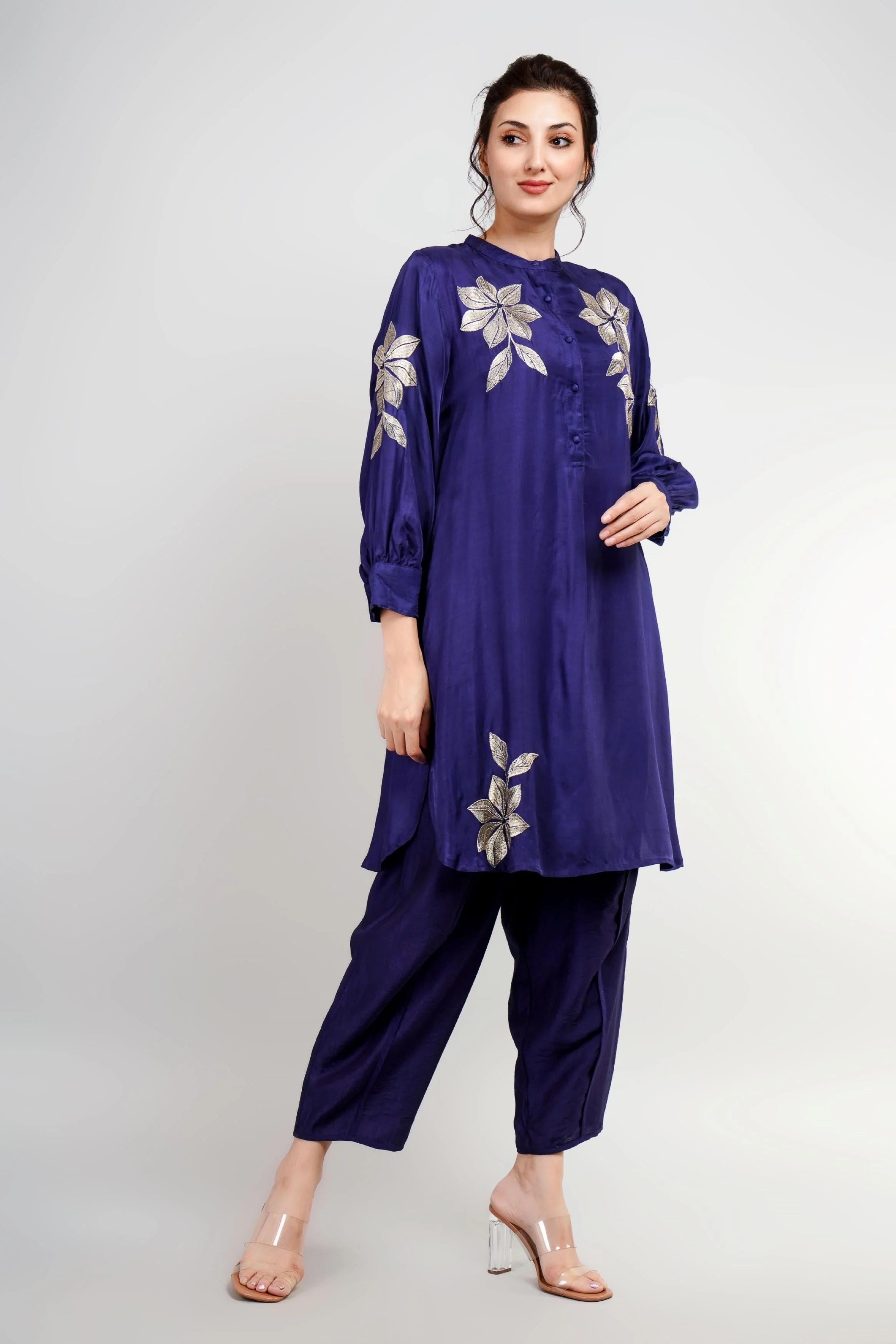 Deep Blue Embroidered Belgium Linen Co-Ord Set - Image 3