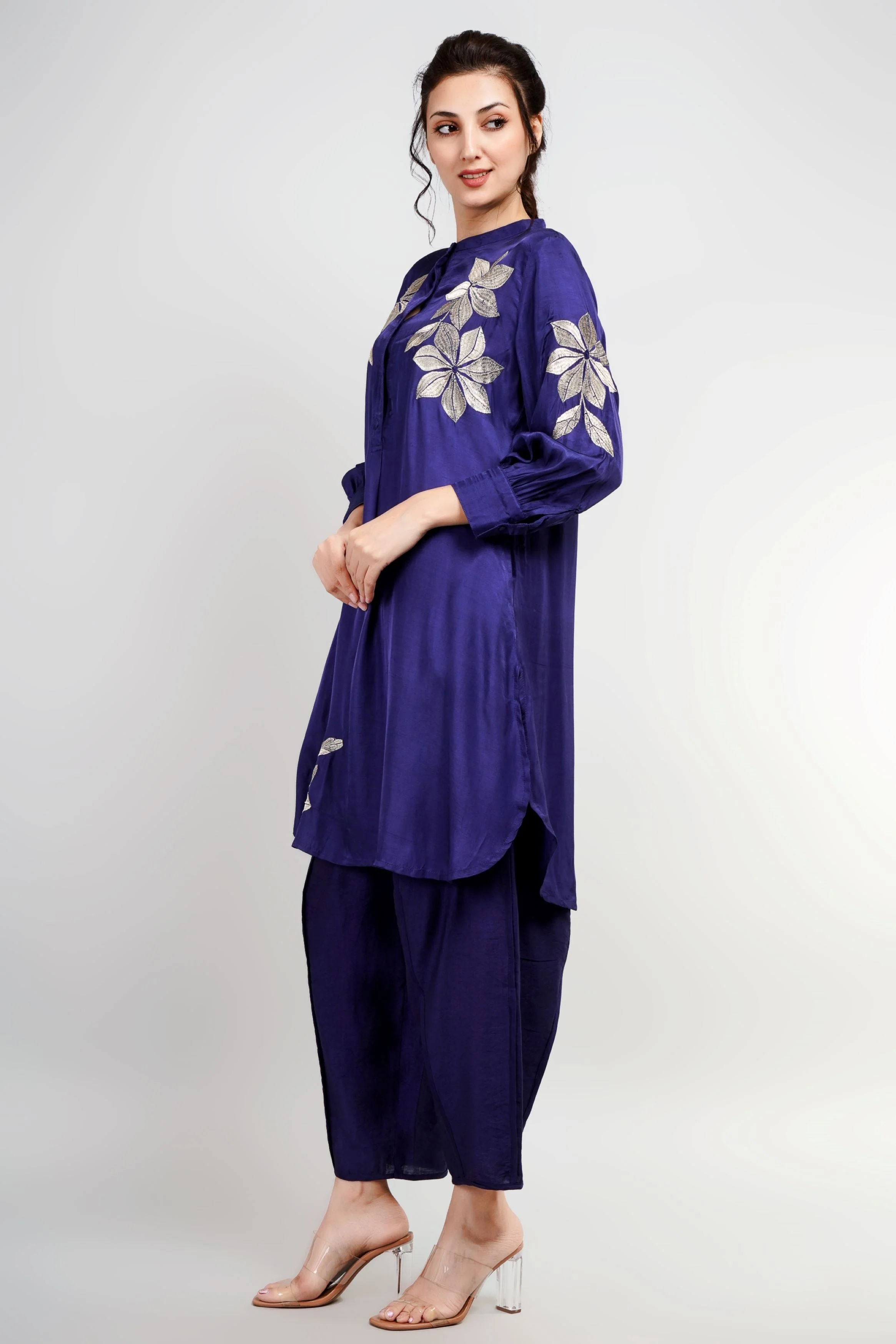 Deep Blue Embroidered Belgium Linen Co-Ord Set - Image 4