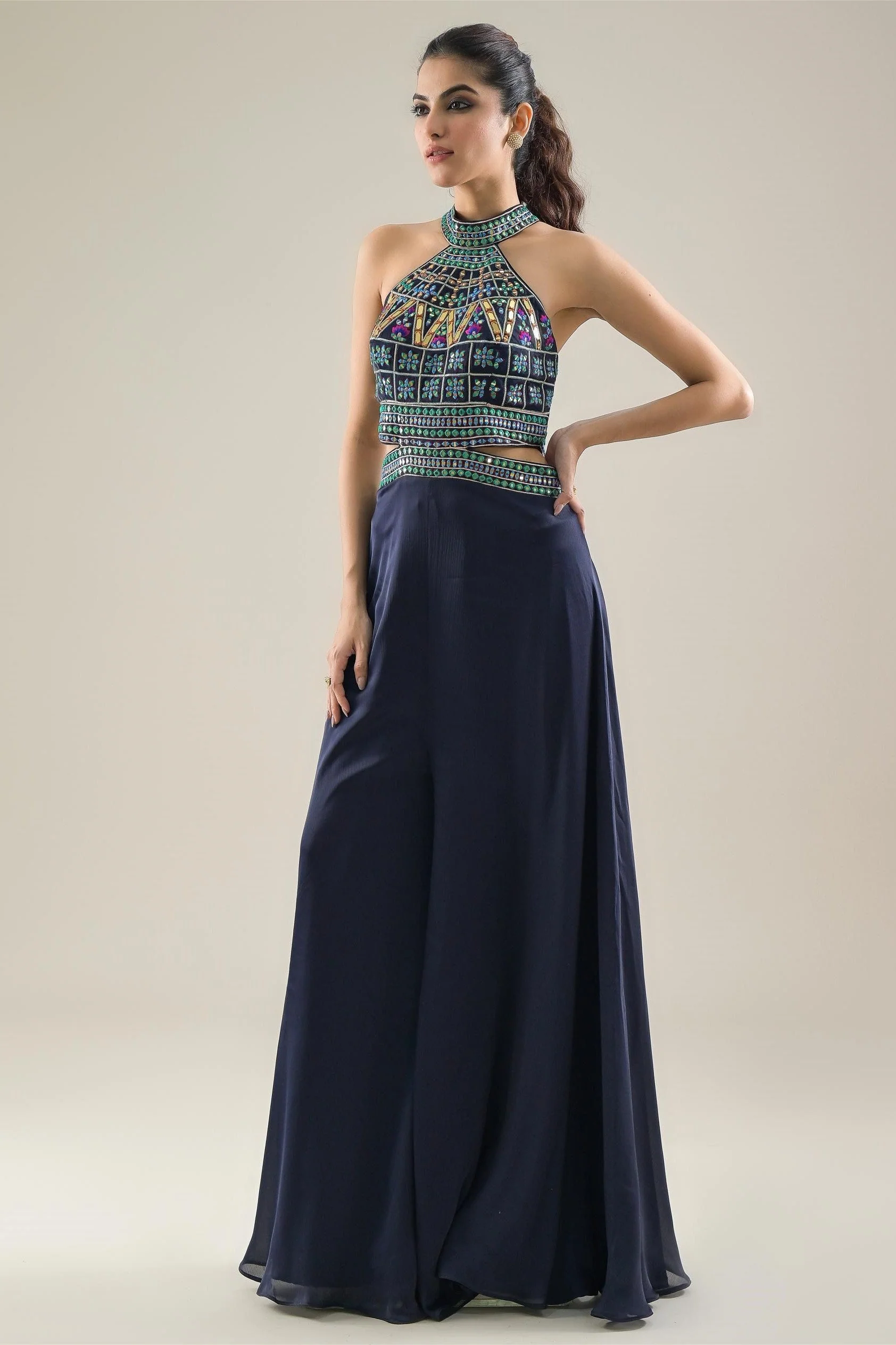 Deep Blue Embroidered Chinon Satin Silk Jumpsuit - Image 3
