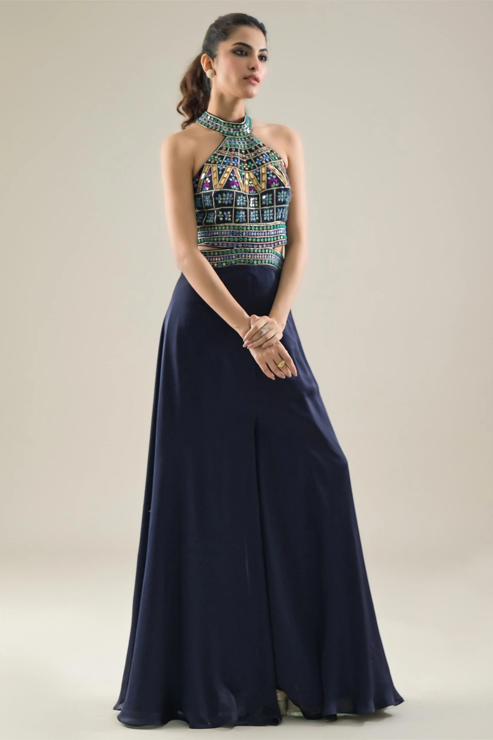 Deep Blue Embroidered Chinon Satin Silk Jumpsuit - Image 4