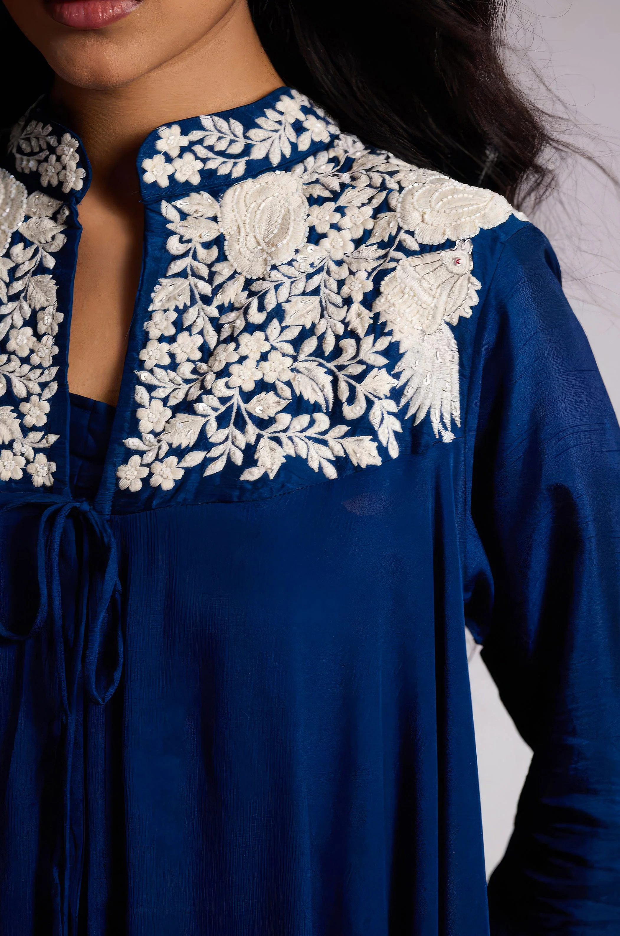 Deep Blue Embroidered Chinon Silk Co-Ord Set - Image 2