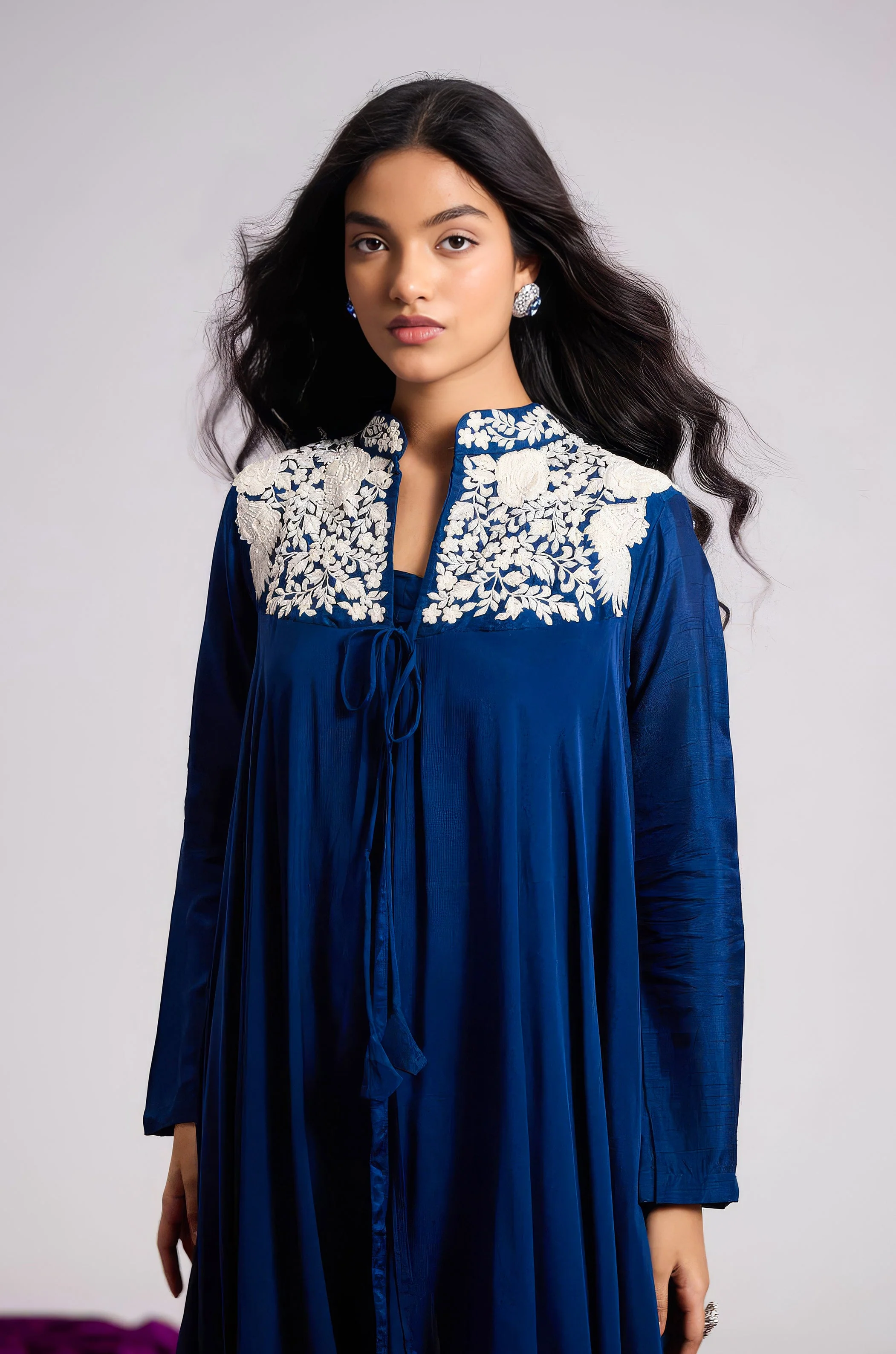 Deep Blue Embroidered Chinon Silk Co-Ord Set - Image 3