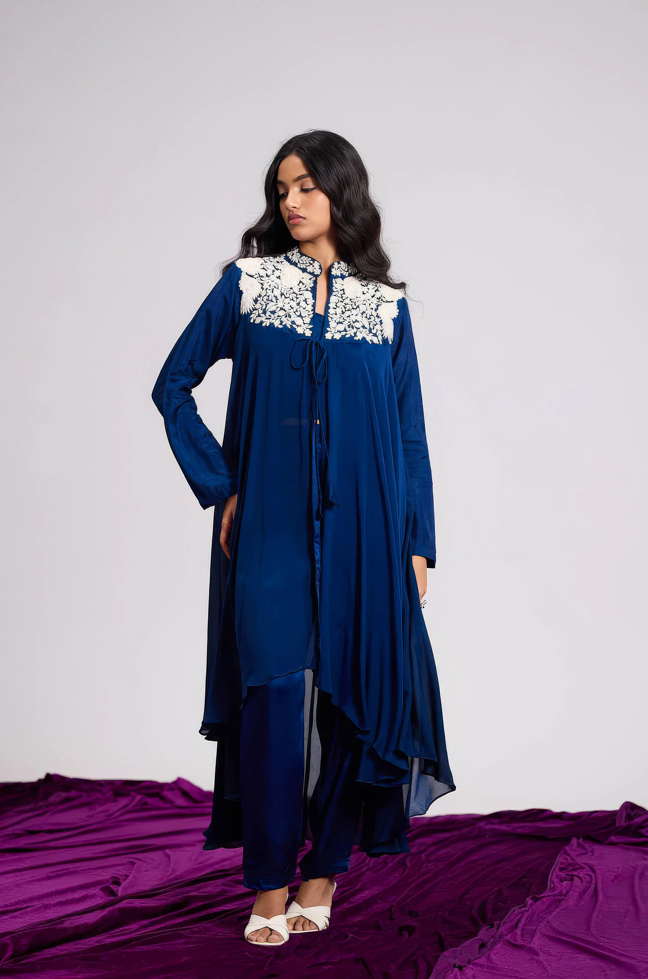 Deep Blue Embroidered Chinon Silk Co-Ord Set - Image 4