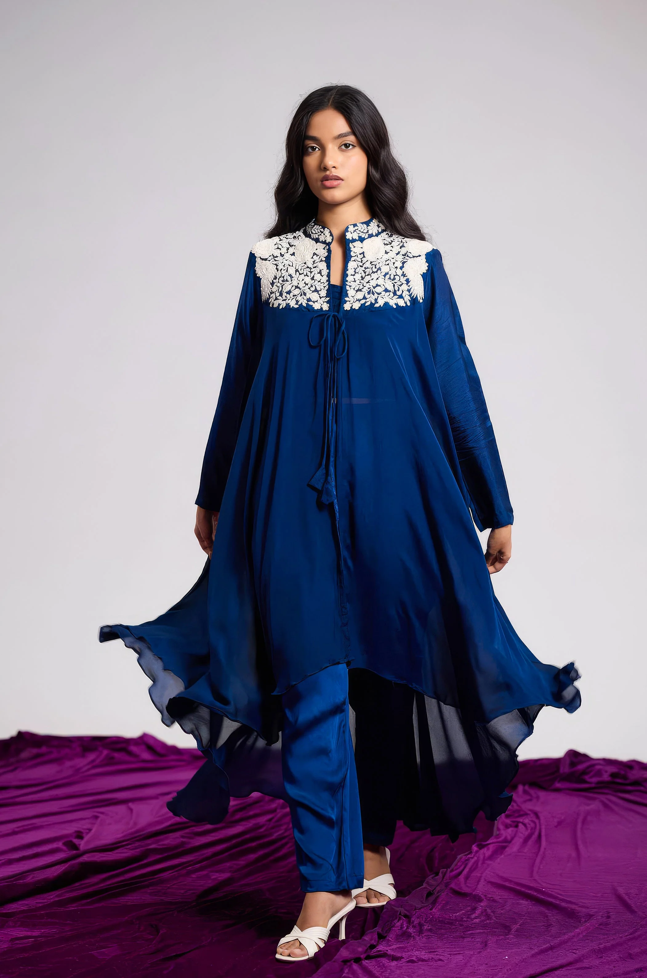 Deep Blue Embroidered Chinon Silk Co-Ord Set - Image 5